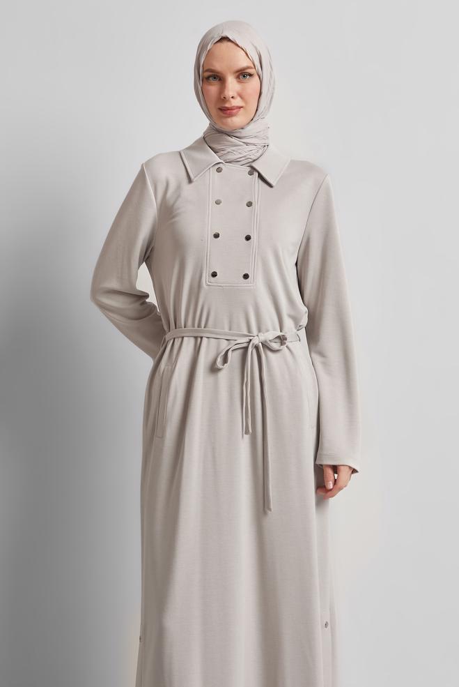 Tesettür giyim BEJ KUŞAKLI EŞOFMAN ELBİSE 45470 - ALVİNA