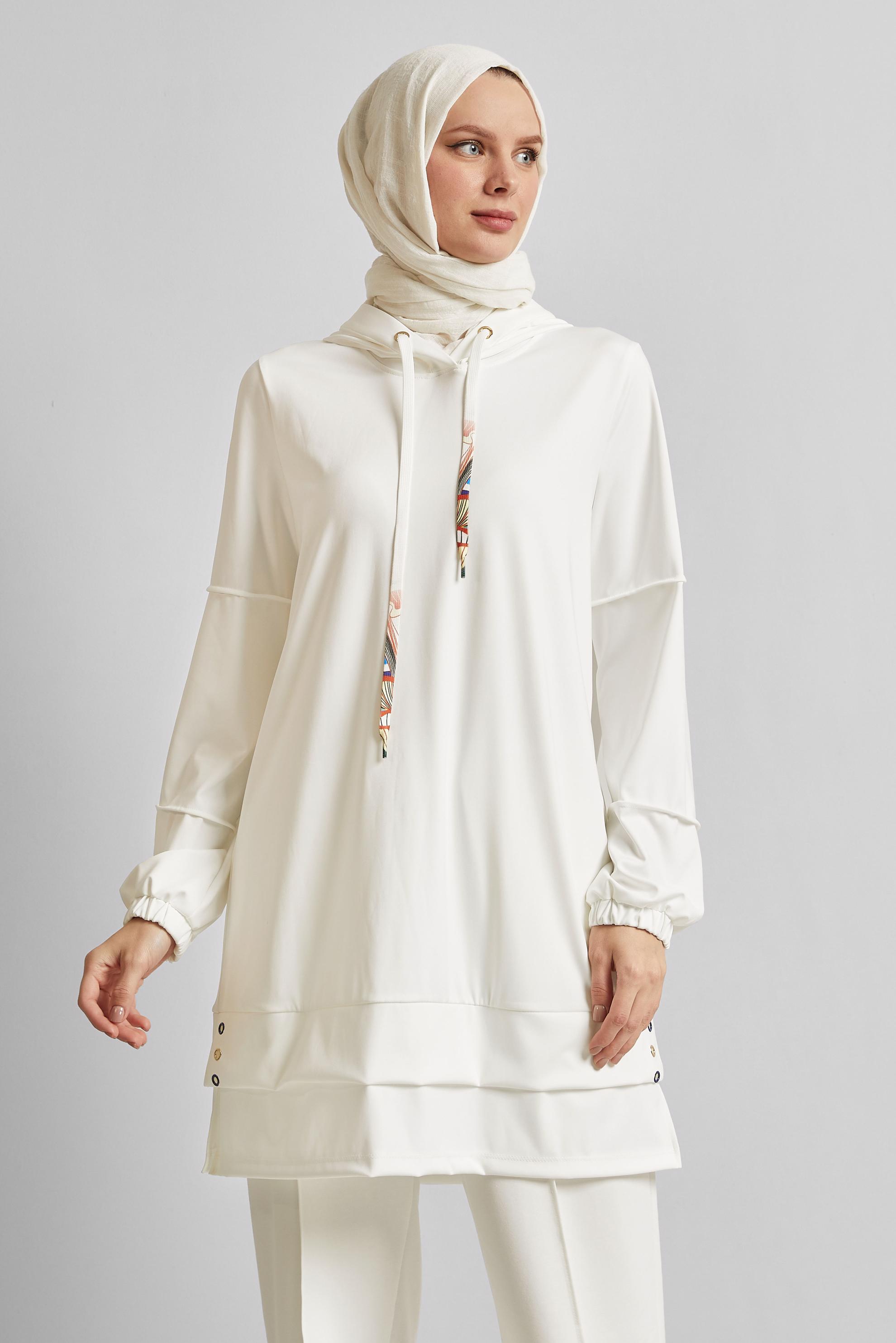 Tesettür giyim BEYAZ KAPÜŞONLU EŞOFMAN TUNİK 45471