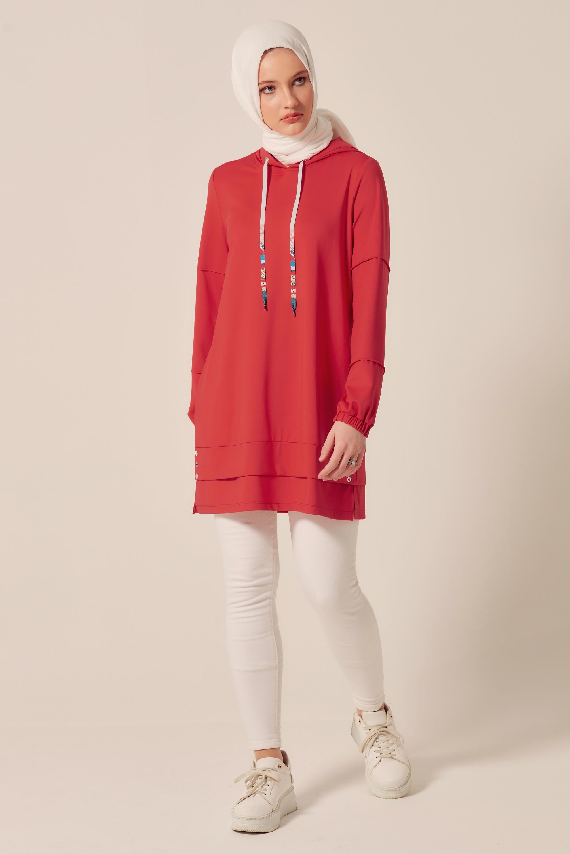 Tesettür giyim KIRMIZI KAPÜŞONLU EŞOFMAN TUNİK 45471