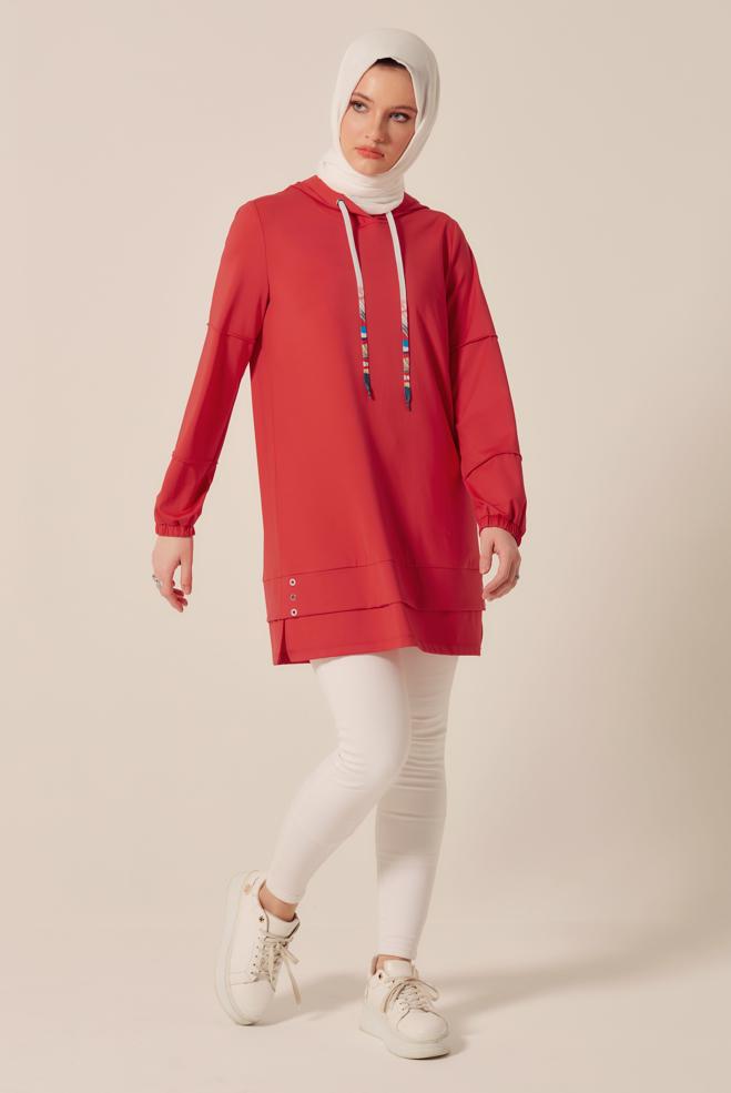 Hijab-Kleidung ROT TRAININGSTUNIKA MIT KAPUZE 45471 - ALVİNA