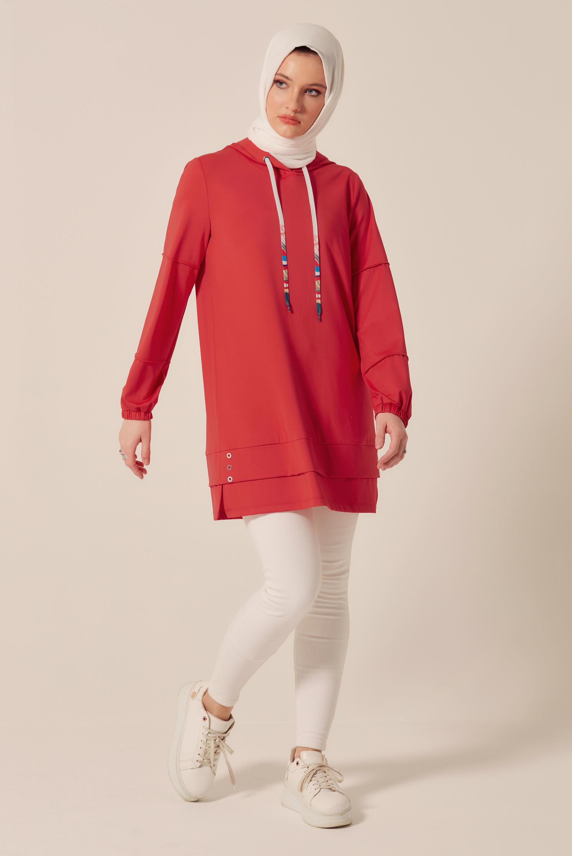 Tesettür giyim KIRMIZI KAPÜŞONLU EŞOFMAN TUNİK 45471