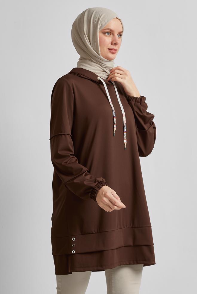 Hijab-Kleidung BRAUN TRAININGSTUNIKA MIT KAPUZE 45471 - ALVİNA