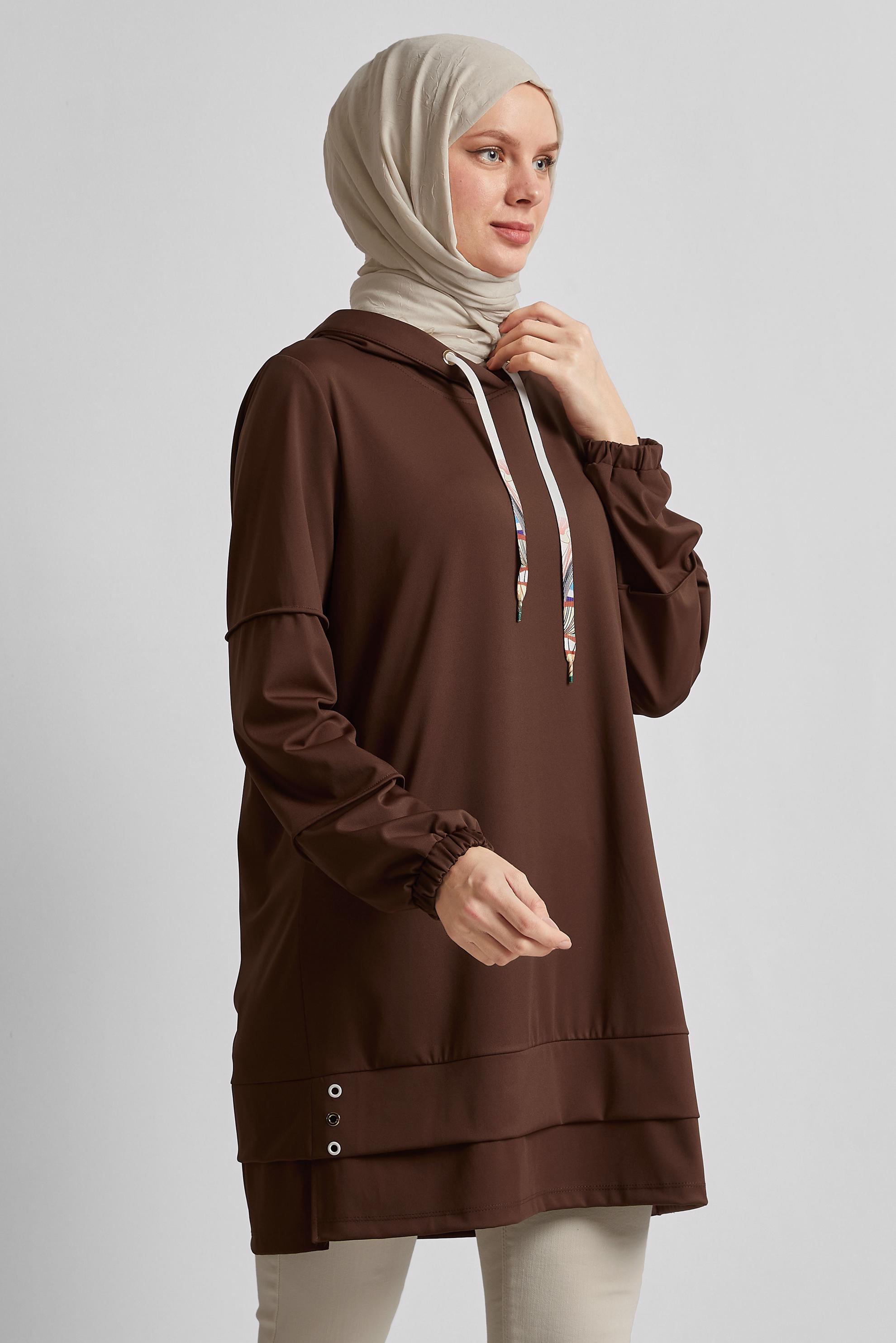 Tesettür giyim KAHVE KAPÜŞONLU EŞOFMAN TUNİK 45471