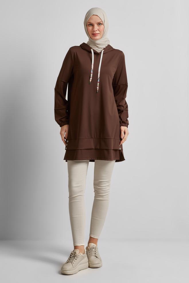 Hijab-Kleidung BRAUN TRAININGSTUNIKA MIT KAPUZE 45471 - ALVİNA