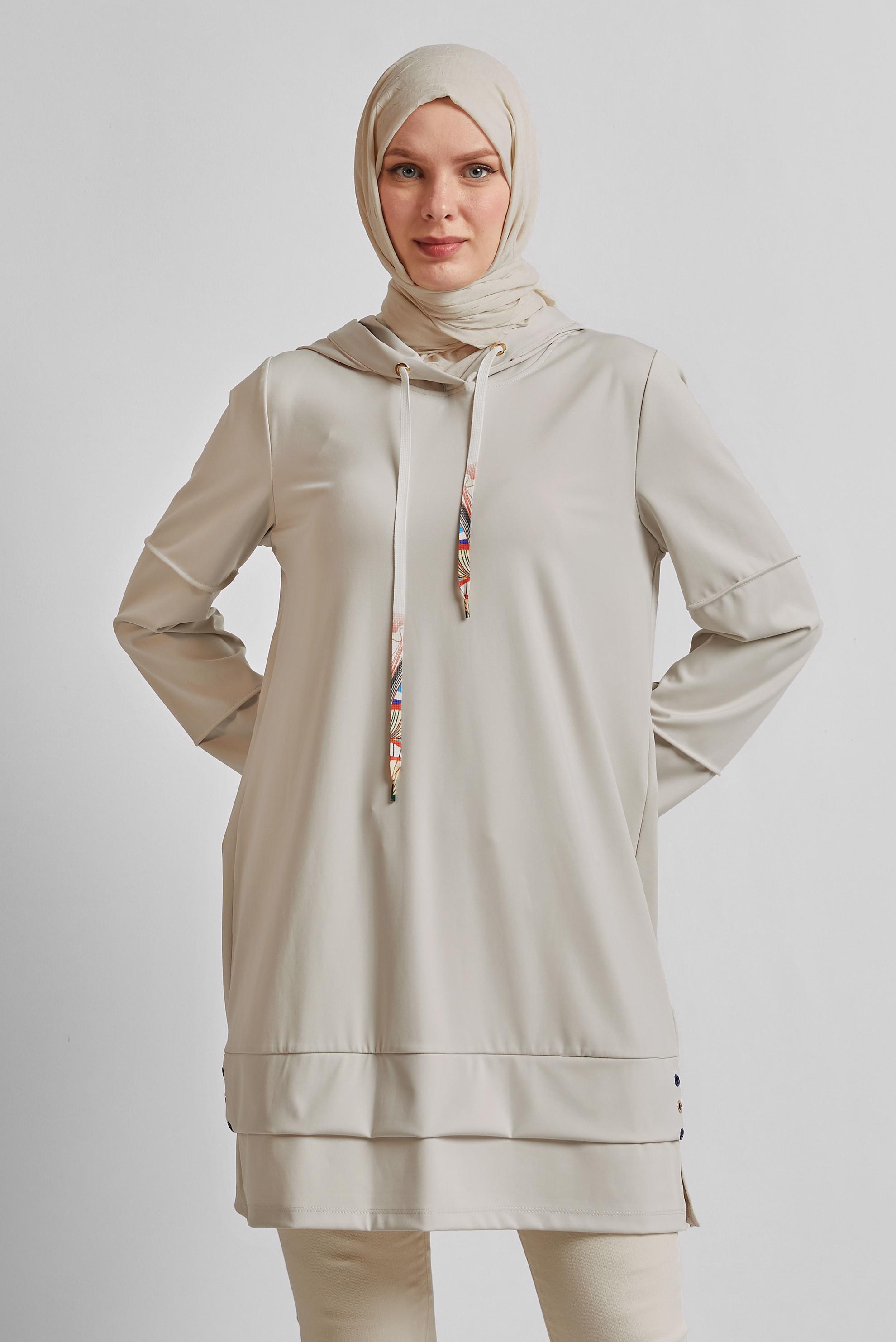 Tesettür giyim BEJ KAPÜŞONLU EŞOFMAN TUNİK 45471