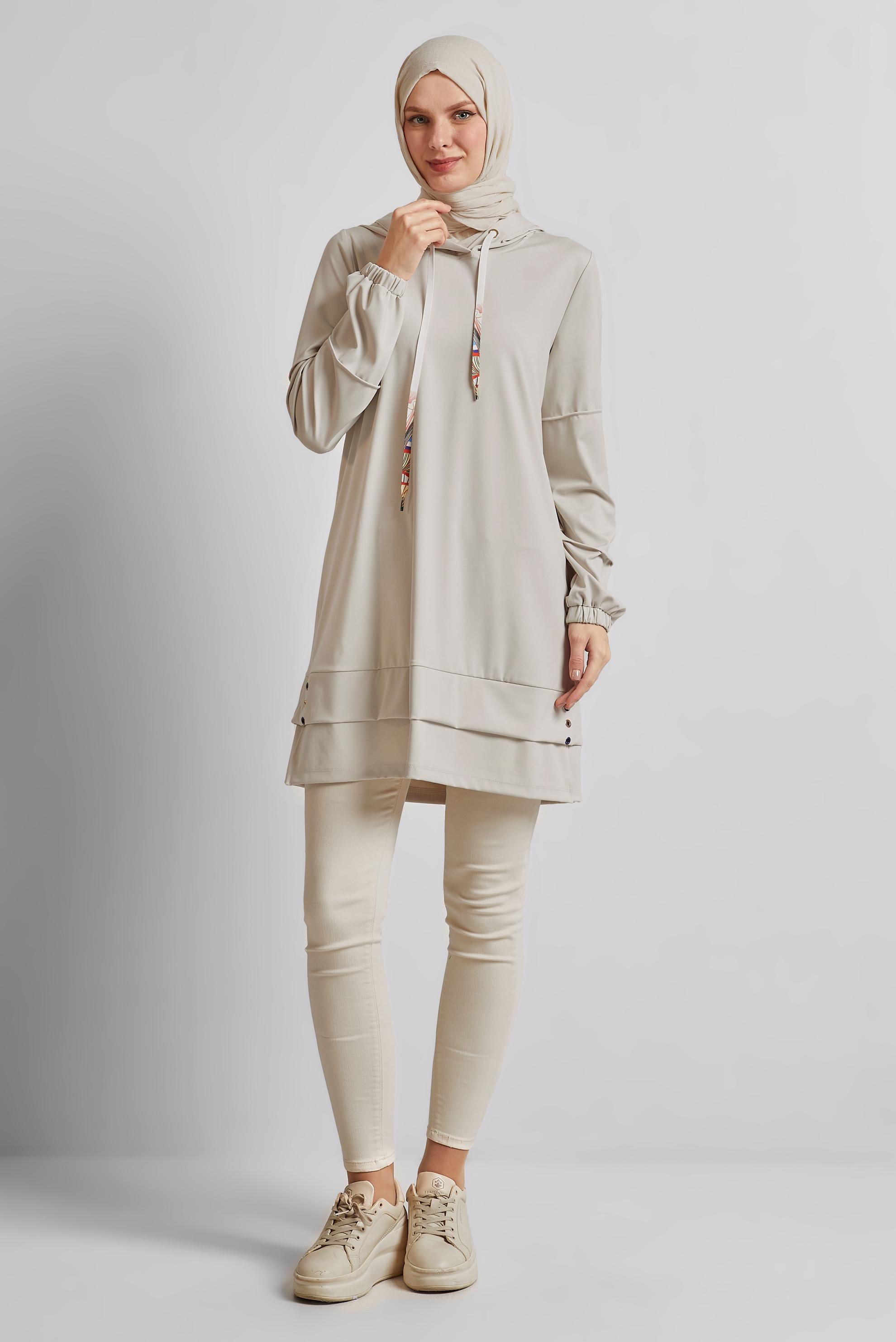 Tesettür giyim BEJ KAPÜŞONLU EŞOFMAN TUNİK 45471