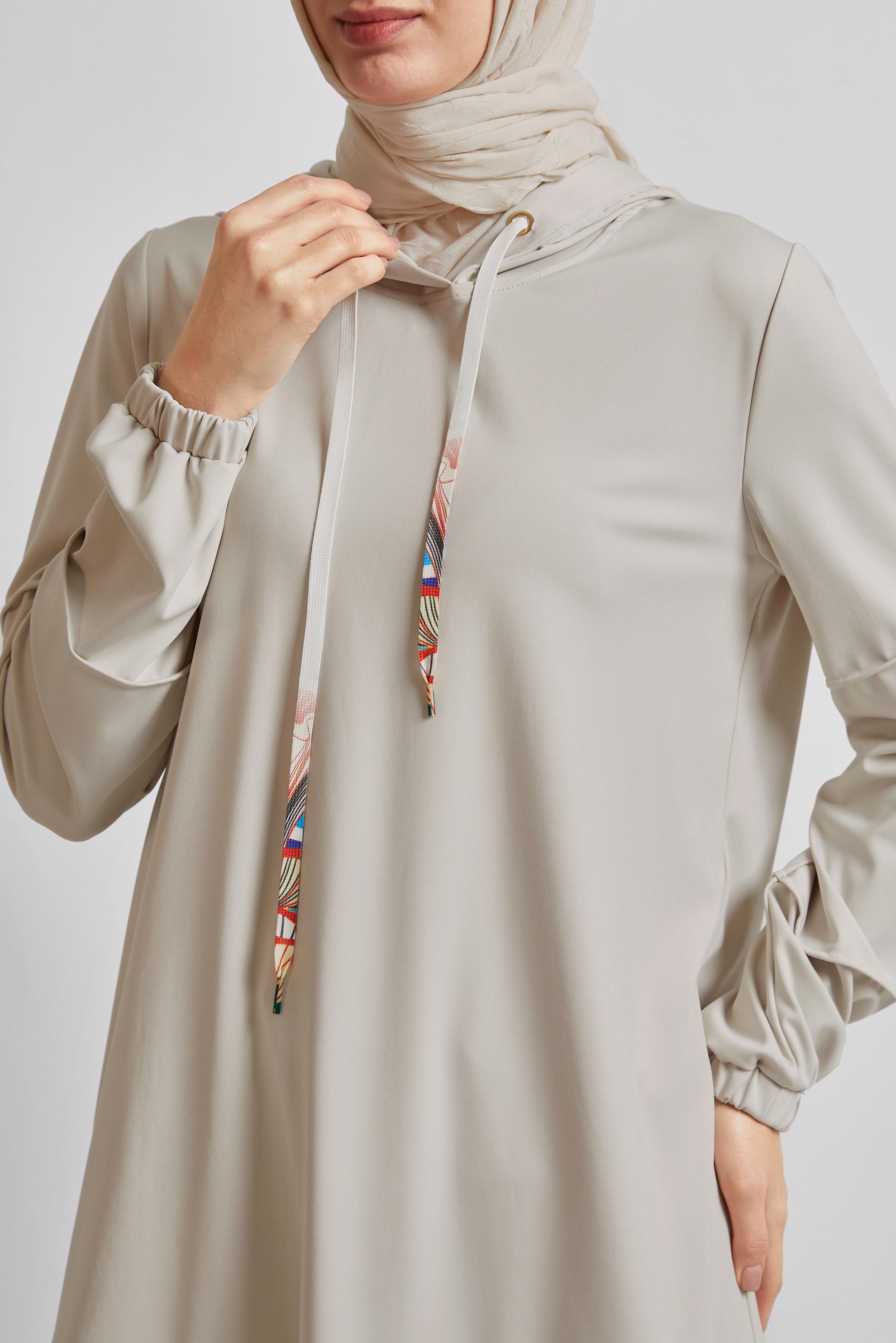Tesettür giyim BEJ KAPÜŞONLU EŞOFMAN TUNİK 45471