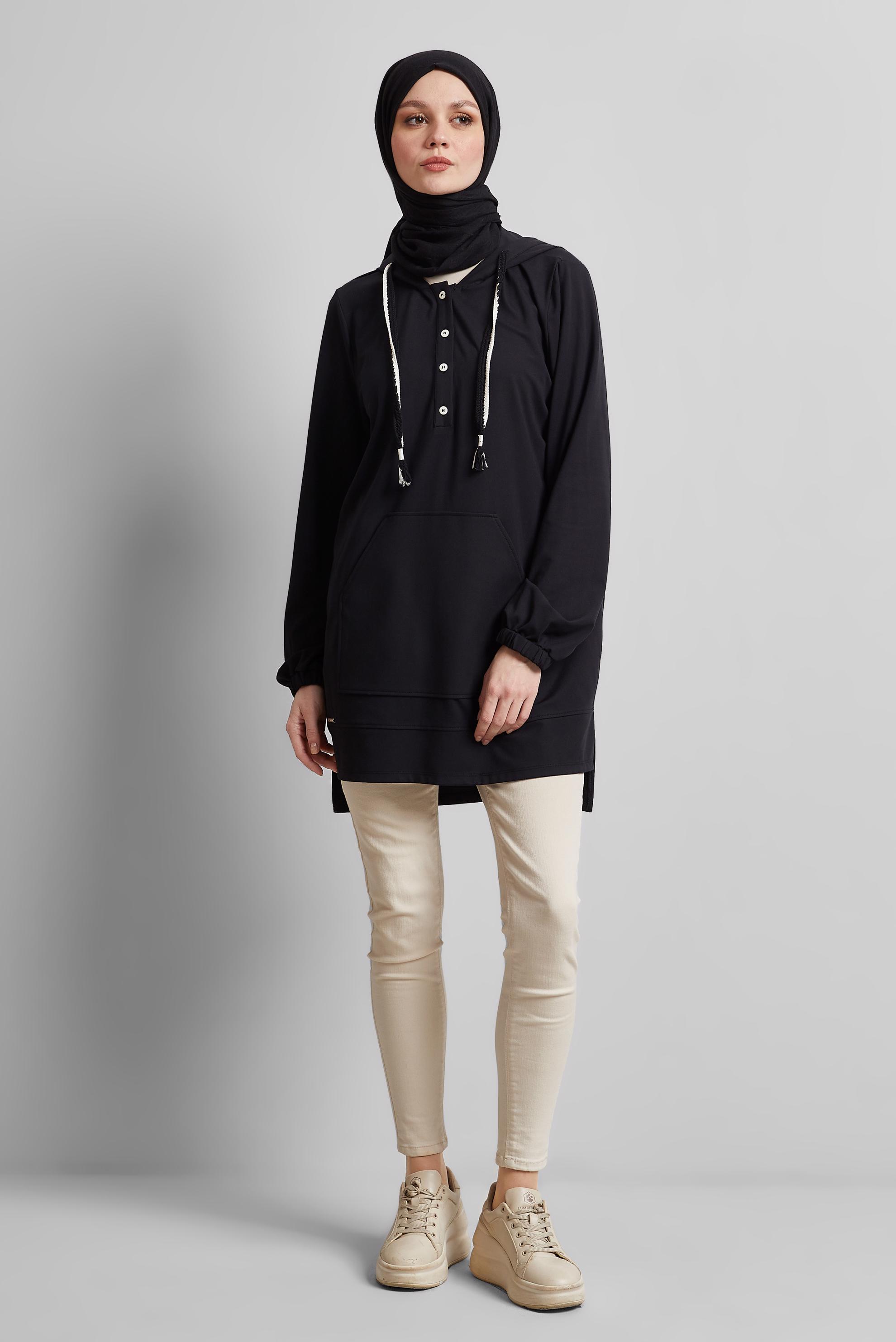 Tesettür giyim SİYAH KAPÜŞONLU EŞOFMAN TUNİK 45472