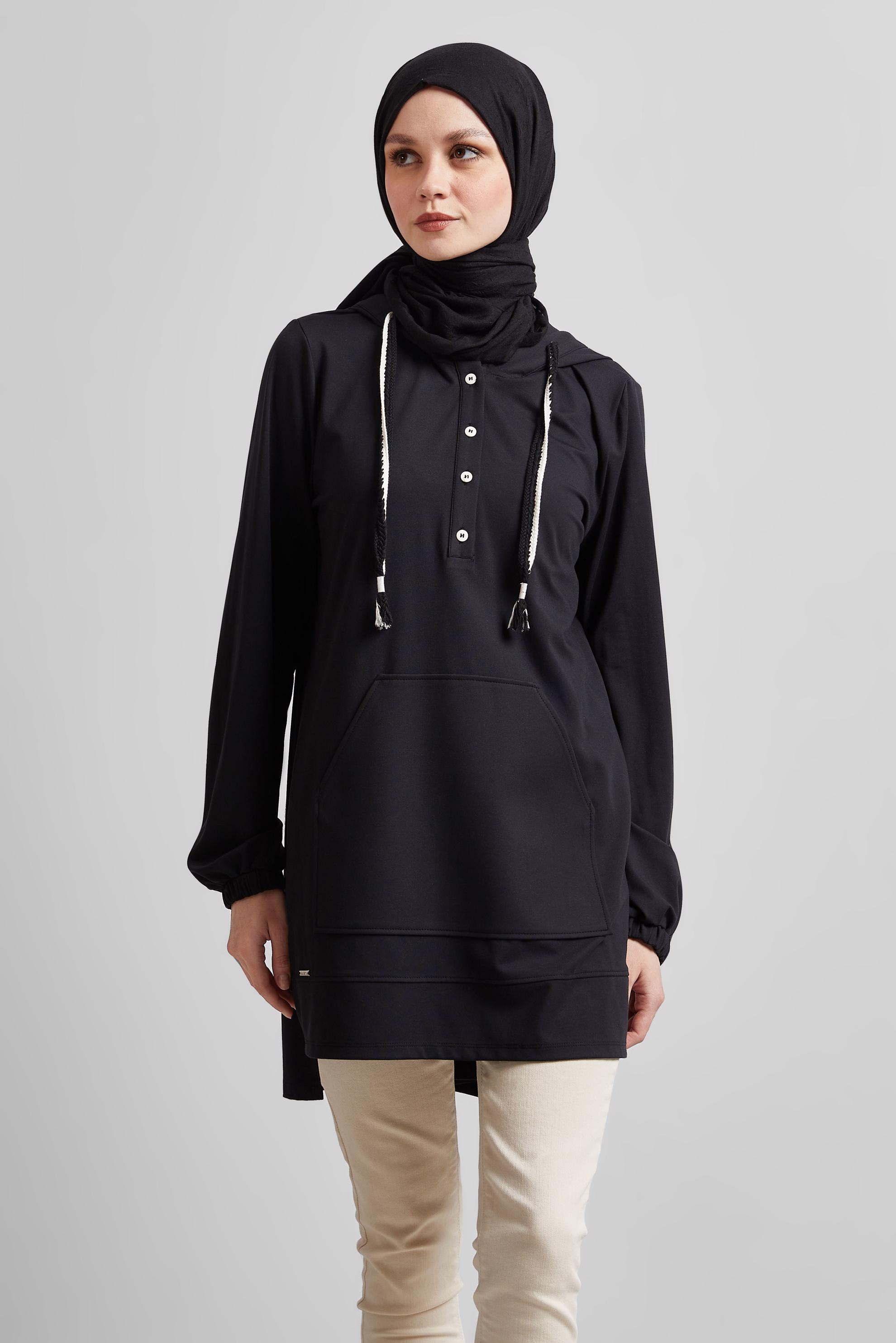 Tesettür giyim SİYAH KAPÜŞONLU EŞOFMAN TUNİK 45472