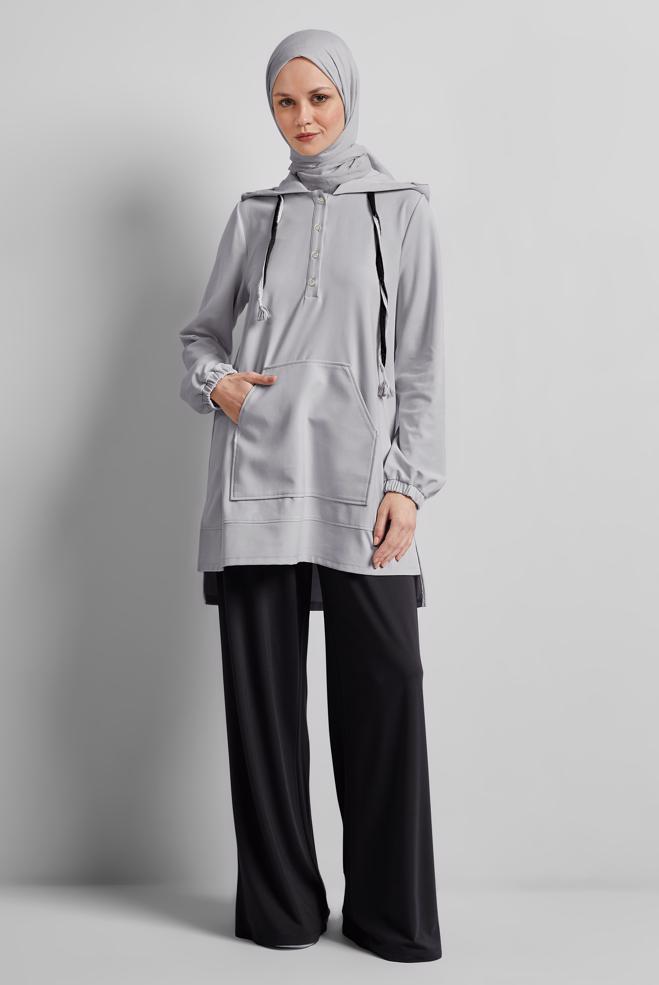 Vêtements hijab GRIS TUNIQUE DE SURVÊTEMENT À CAPUCHE 45472 - ALVİNA
