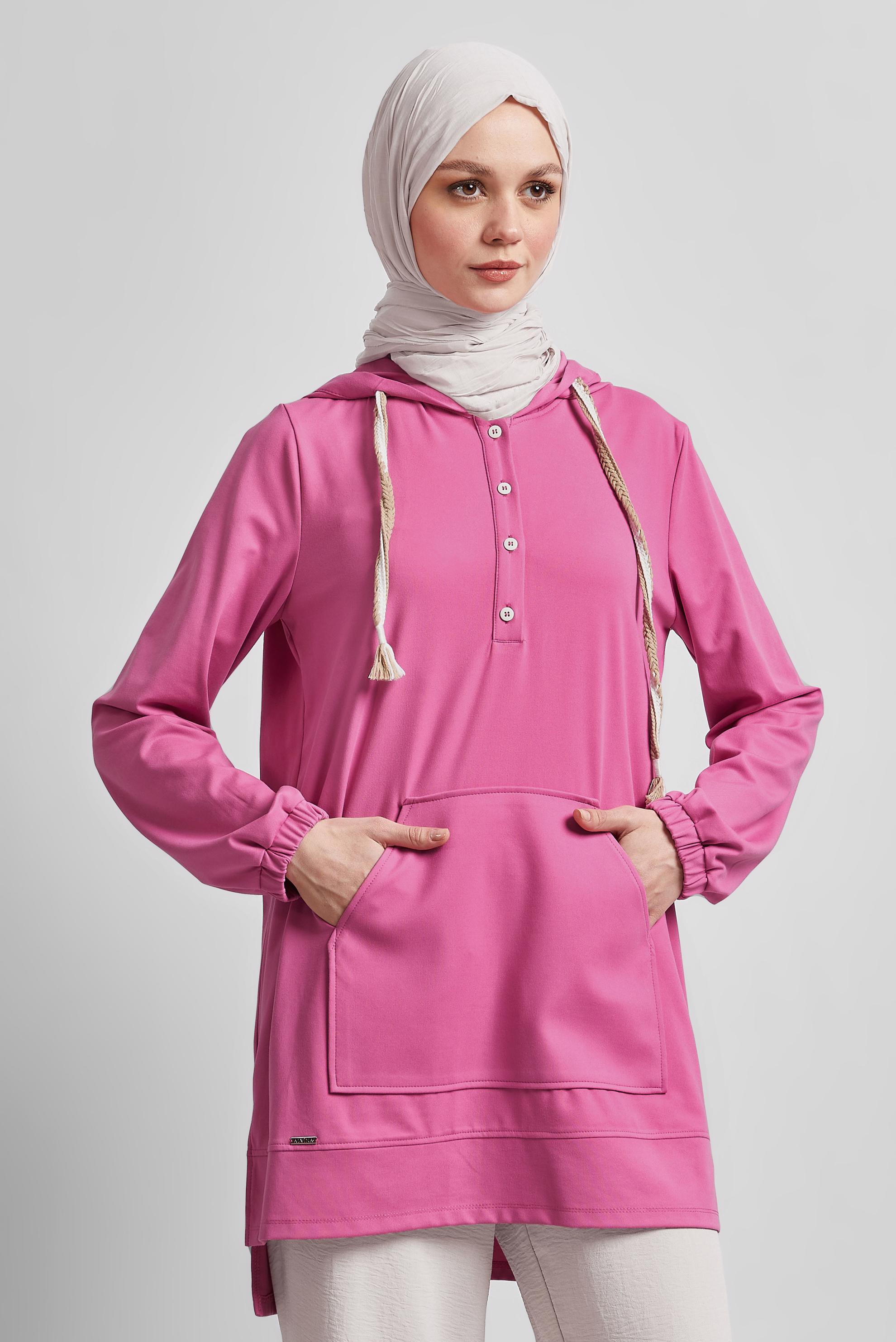 Tesettür giyim FUŞYA KAPÜŞONLU EŞOFMAN TUNİK 45472
