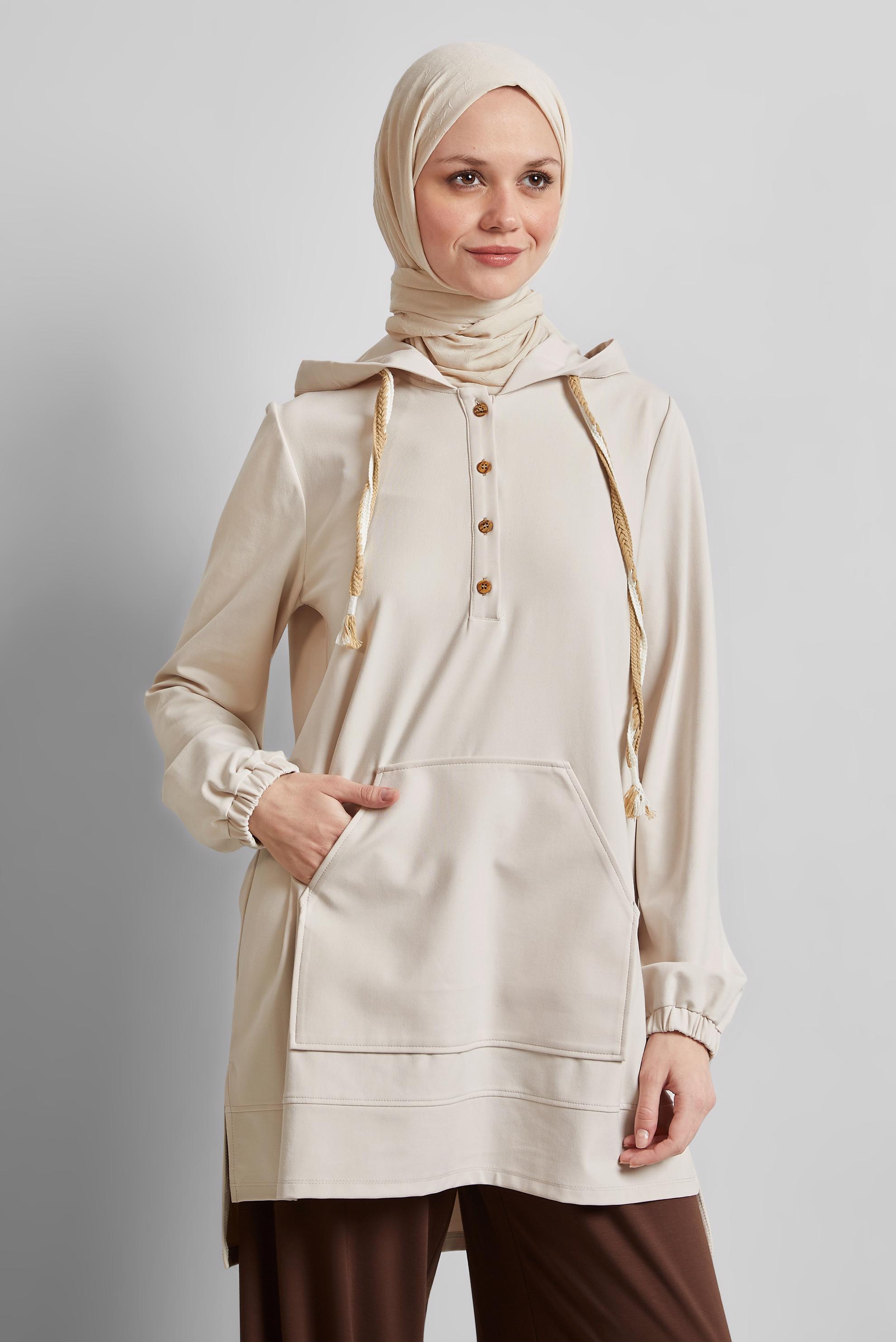 Tesettür giyim EKRU KAPÜŞONLU EŞOFMAN TUNİK 45472
