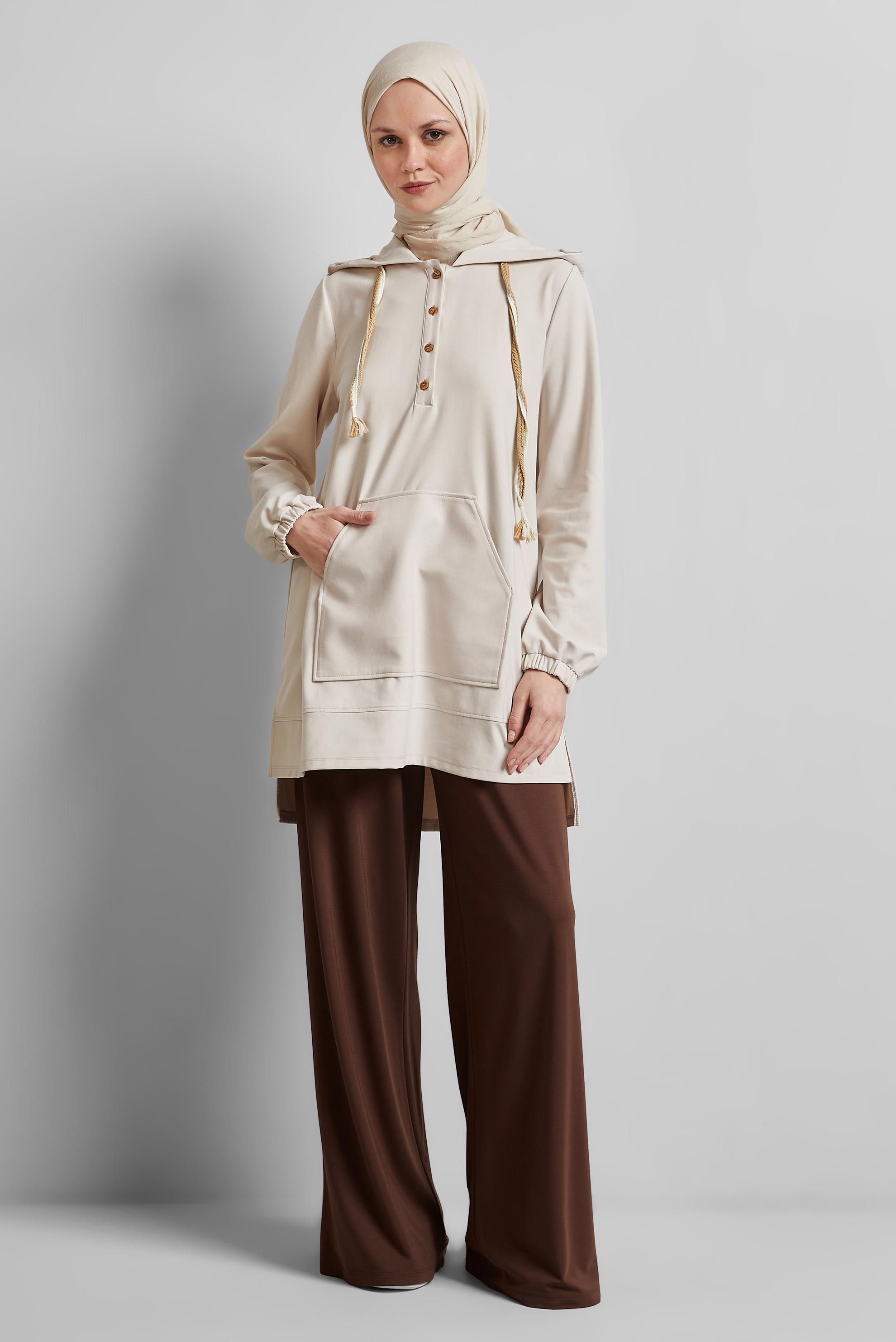 Tesettür giyim EKRU KAPÜŞONLU EŞOFMAN TUNİK 45472