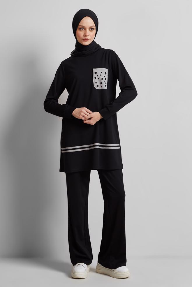Vêtements hijab NOIR ENSEMBLE SURVÊTEMENT AVEC PANTALON 45479 - ALVİNA