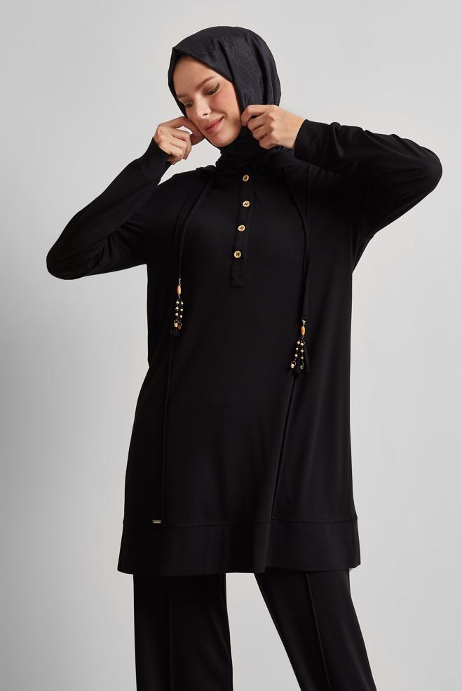 Hijab-Kleidung SCHWARZ TRAININGSANZUG-SET MIT KAPUZE 45537 - ALVİNA