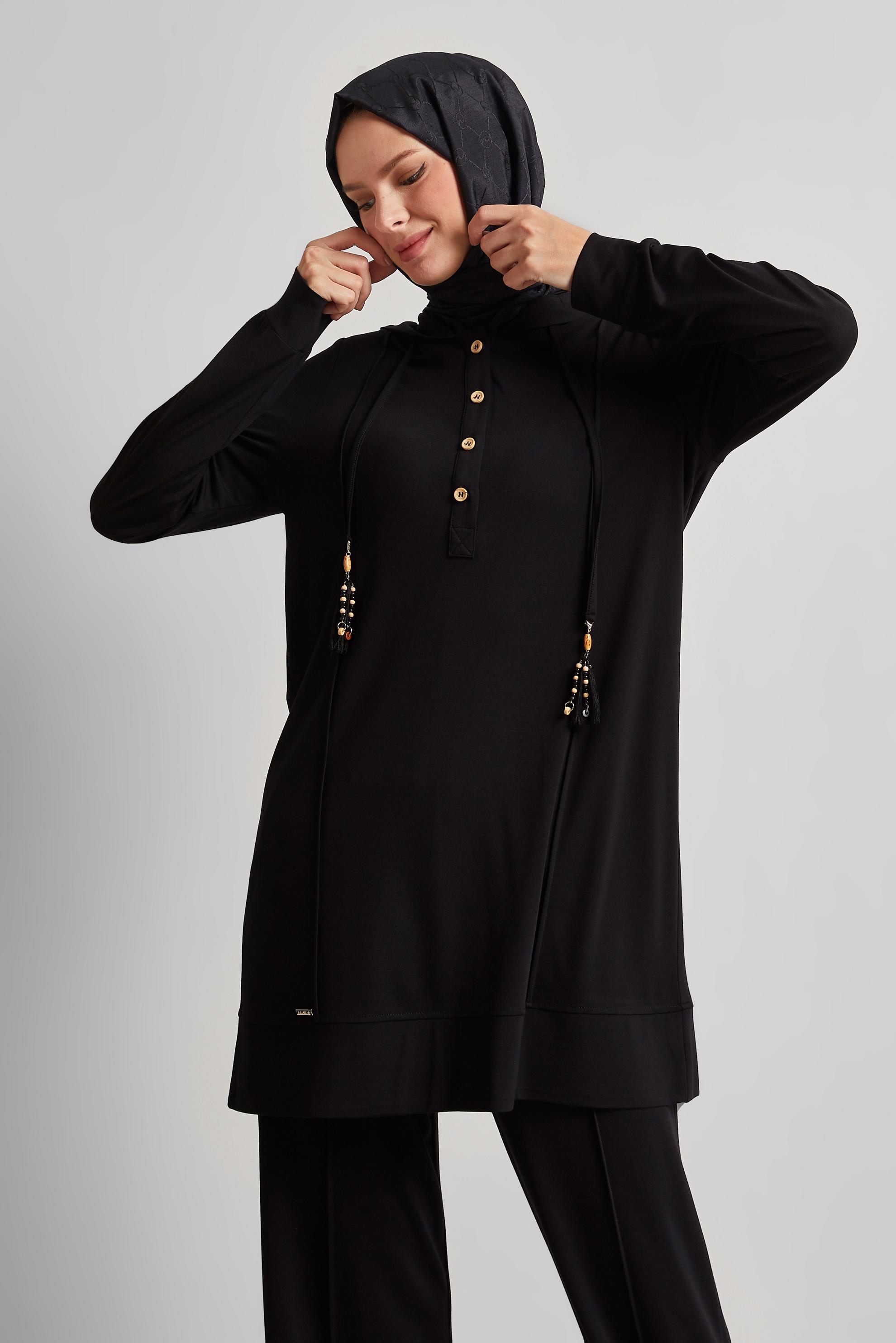 Tesettür giyim SİYAH KAPÜŞONLU PANTOLONLU EŞOFMAN TAKIM 45537