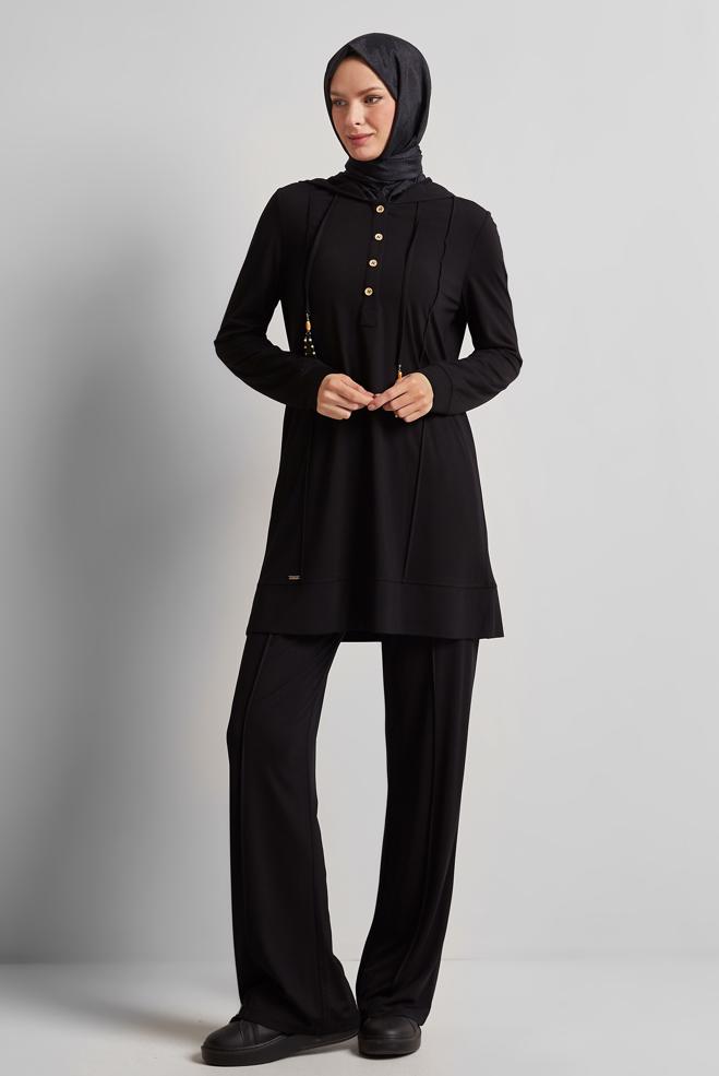 Hijab-Kleidung SCHWARZ TRAININGSANZUG-SET MIT KAPUZE 45537 - ALVİNA