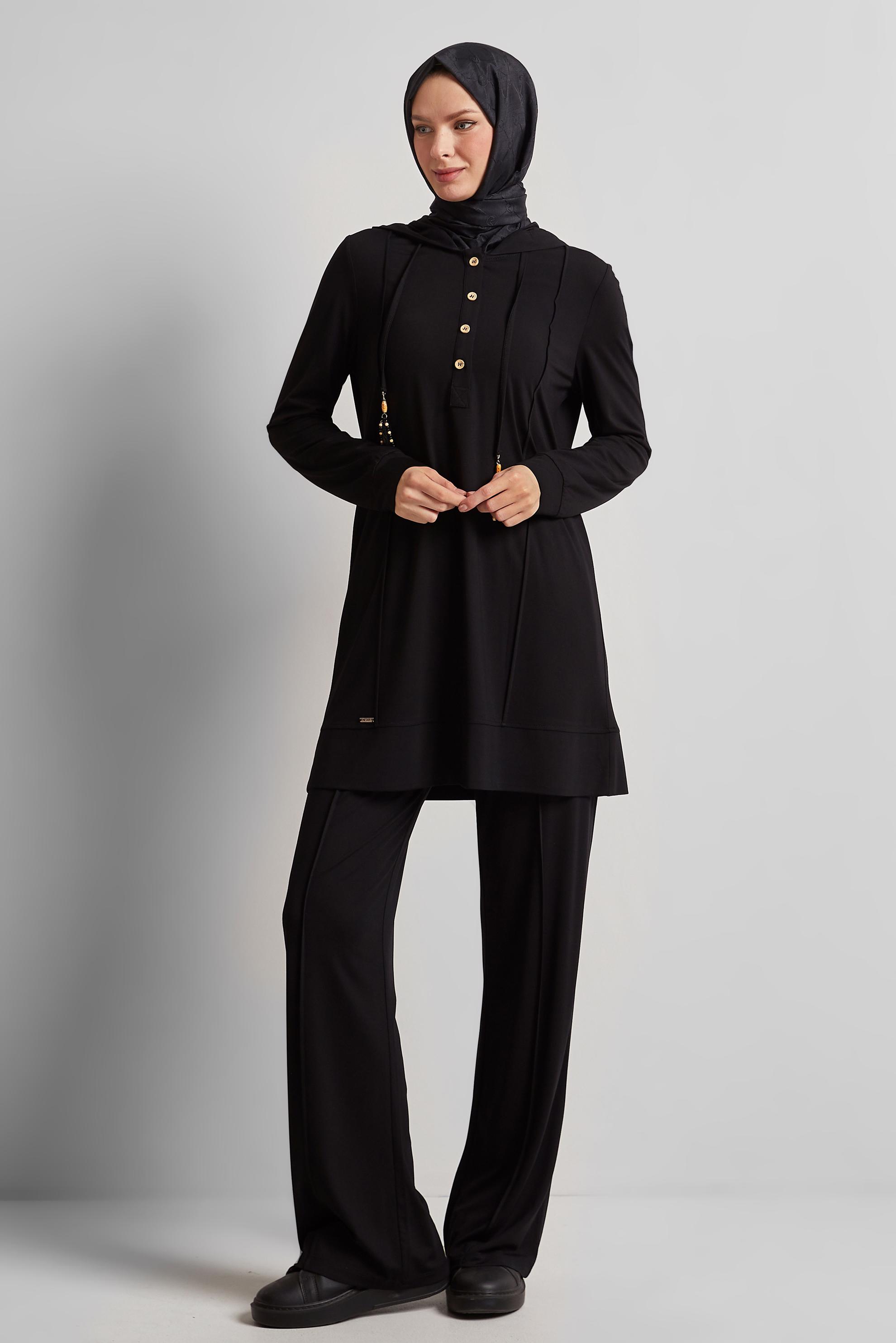 Tesettür giyim SİYAH KAPÜŞONLU PANTOLONLU EŞOFMAN TAKIM 45537