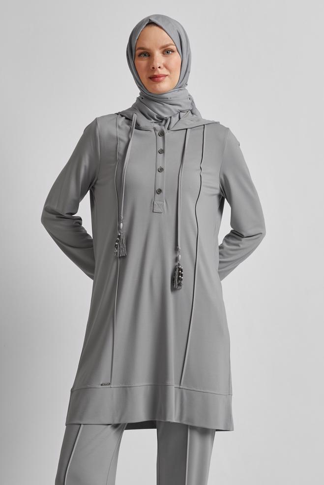 Hijab-Kleidung GRAU TRAININGSANZUG-SET MIT KAPUZE 45537 - ALVİNA