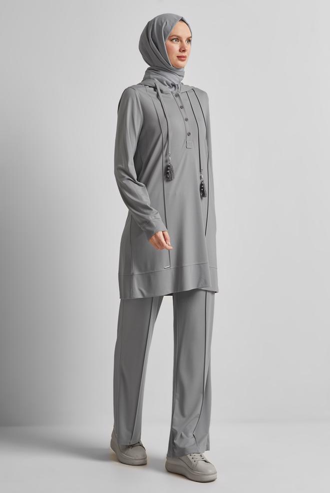 Hijab-Kleidung GRAU TRAININGSANZUG-SET MIT KAPUZE 45537 - ALVİNA