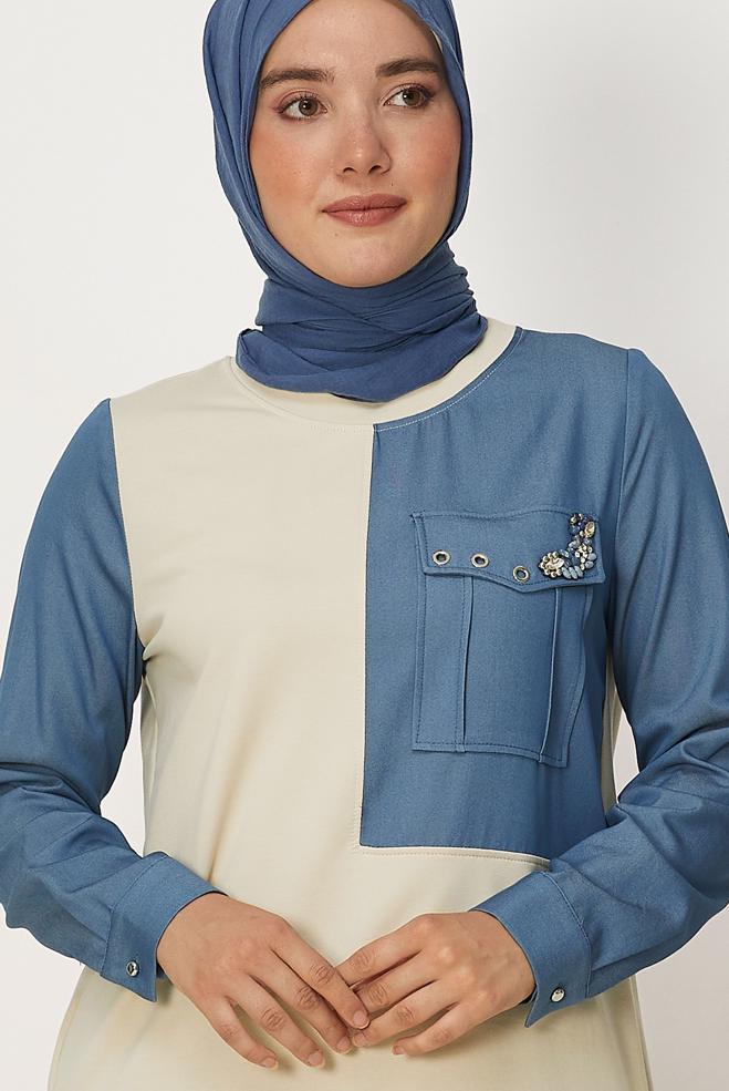 Tesettür giyim BEJ CEP DETAYLI EŞOFMAN TUNİK 45538 - ALVİNA