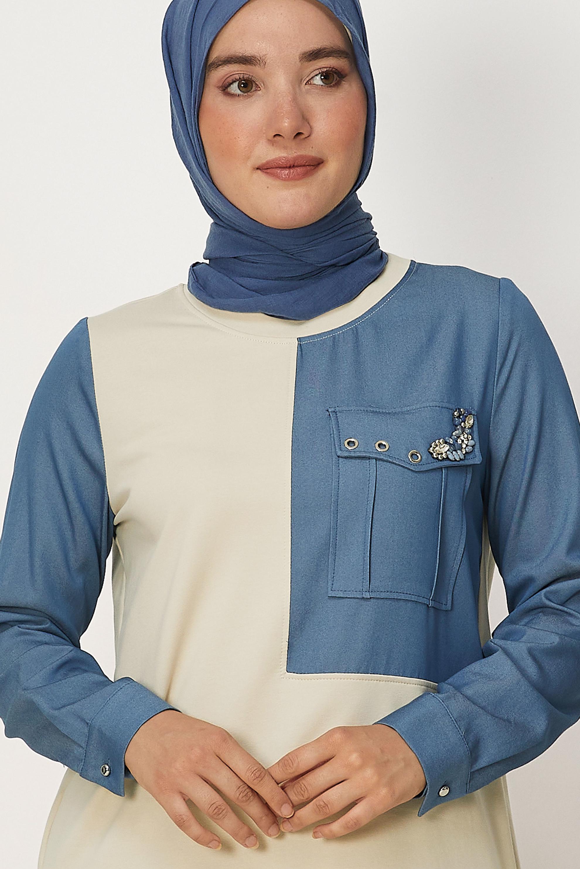 Tesettür giyim BEJ CEP DETAYLI EŞOFMAN TUNİK 45538