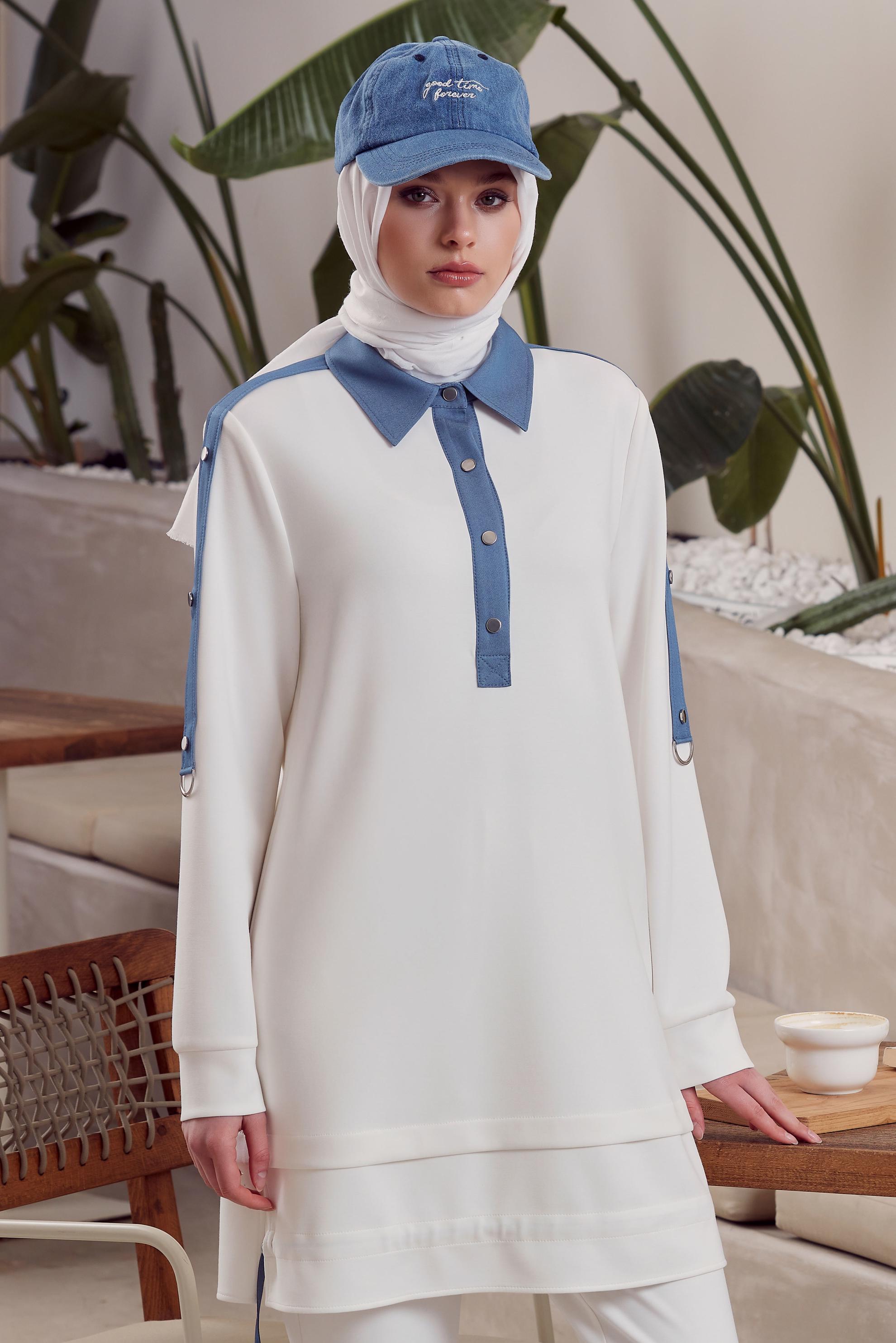 Tesettür giyim BEYAZ ÇITÇITLI EŞOFMAN TUNİK 45539