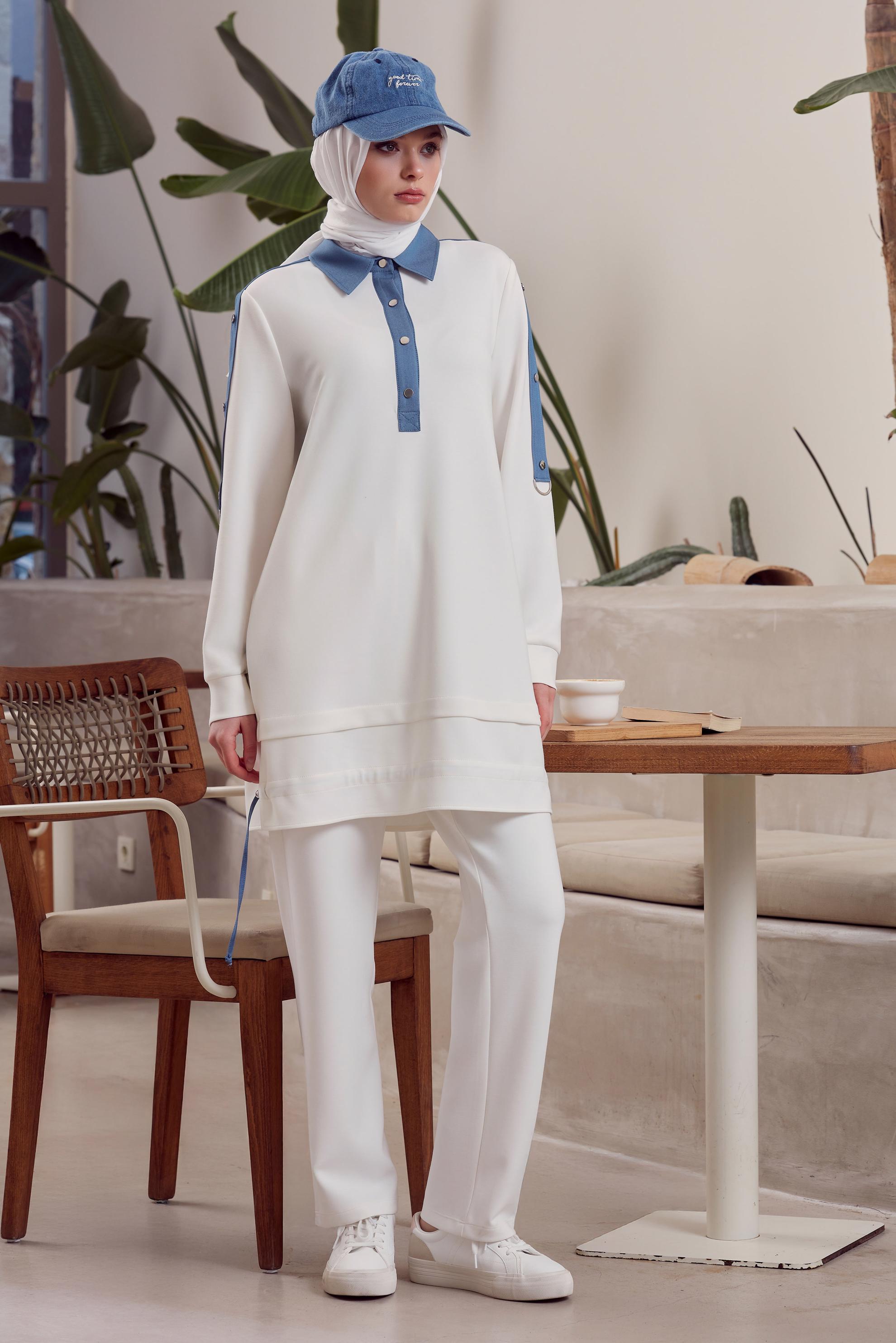 Tesettür giyim BEYAZ ÇITÇITLI EŞOFMAN TUNİK 45539