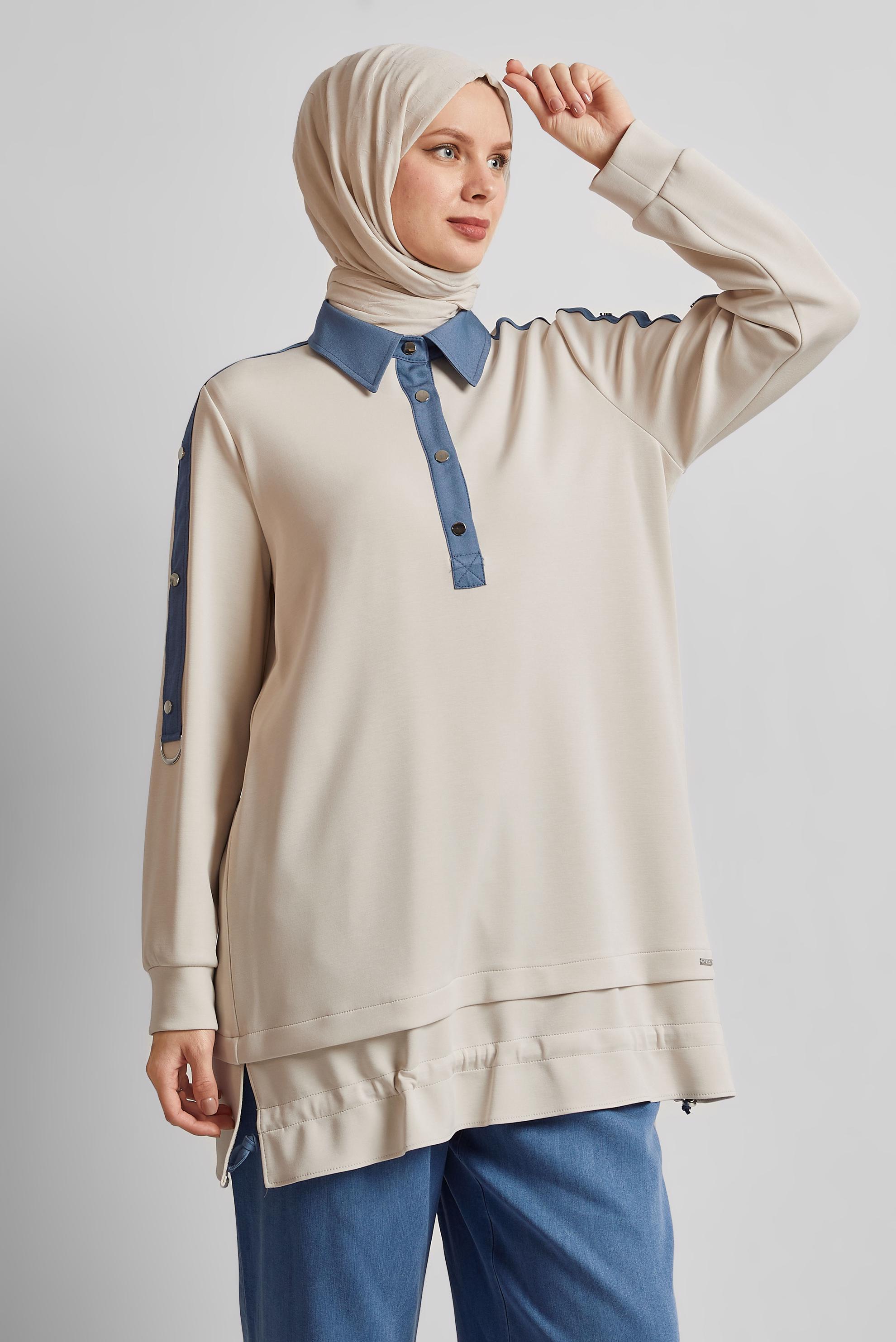 Tesettür giyim EKRU ÇITÇITLI EŞOFMAN TUNİK 45539