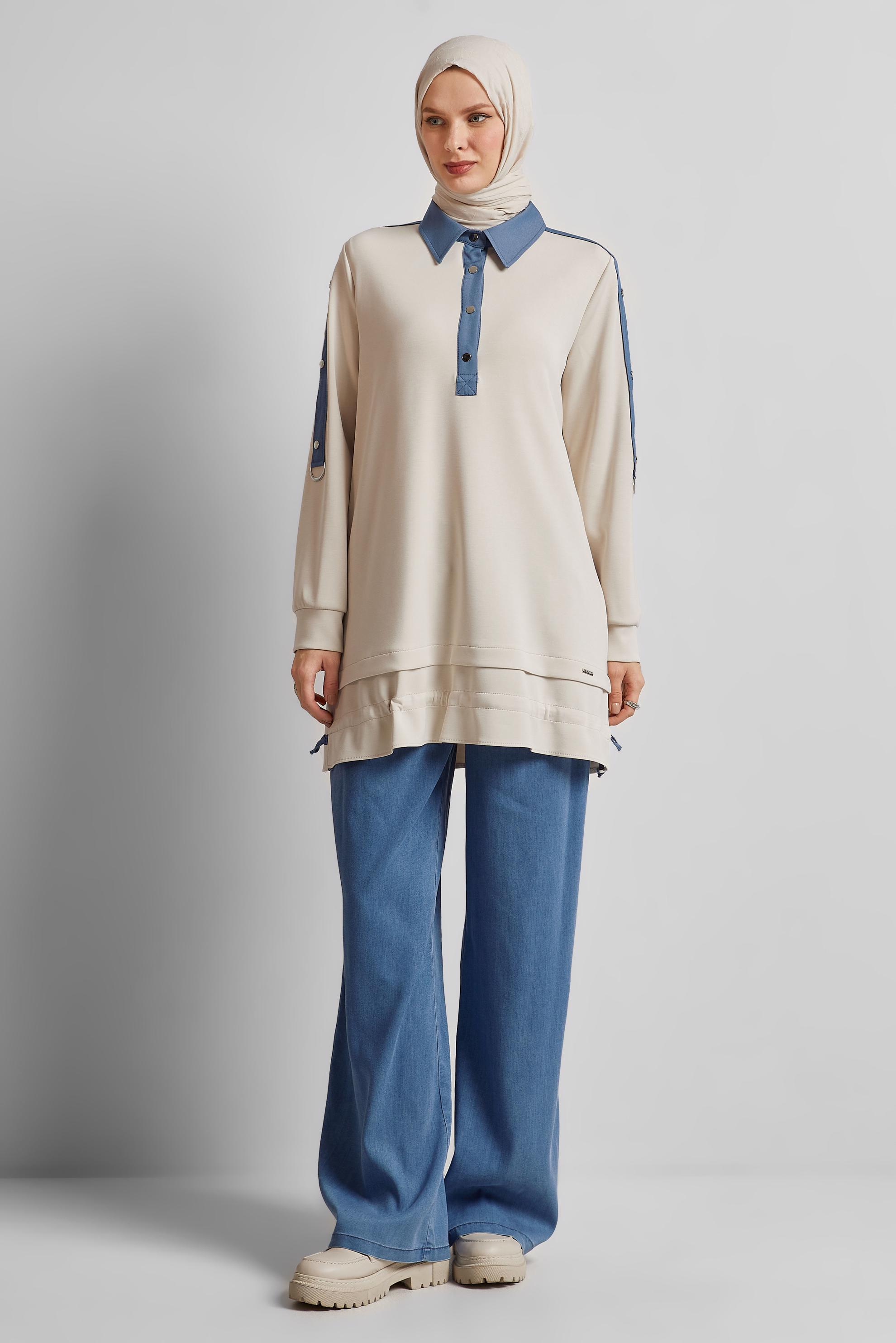 Tesettür giyim EKRU ÇITÇITLI EŞOFMAN TUNİK 45539