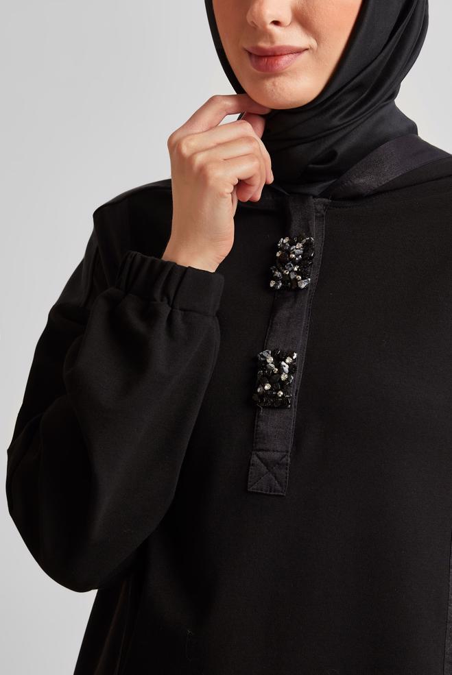 Hijab-Kleidung SCHWARZ KAPUZEN-TRAININGSANZUG-TUNIKA 45542 - ALVİNA