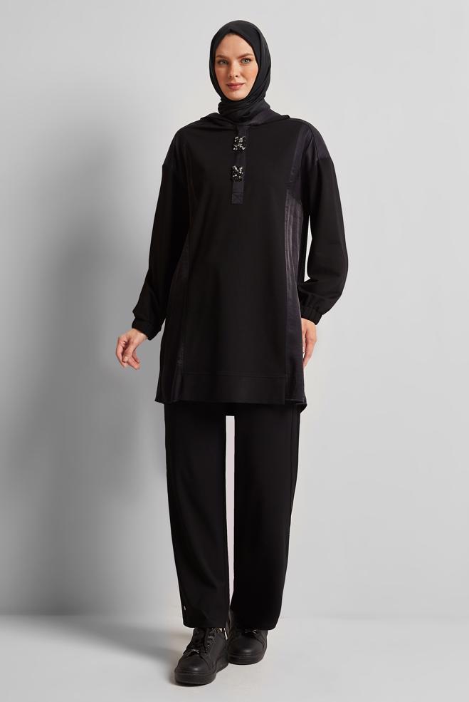 Hijab-Kleidung SCHWARZ KAPUZEN-TRAININGSANZUG-TUNIKA 45542 - ALVİNA
