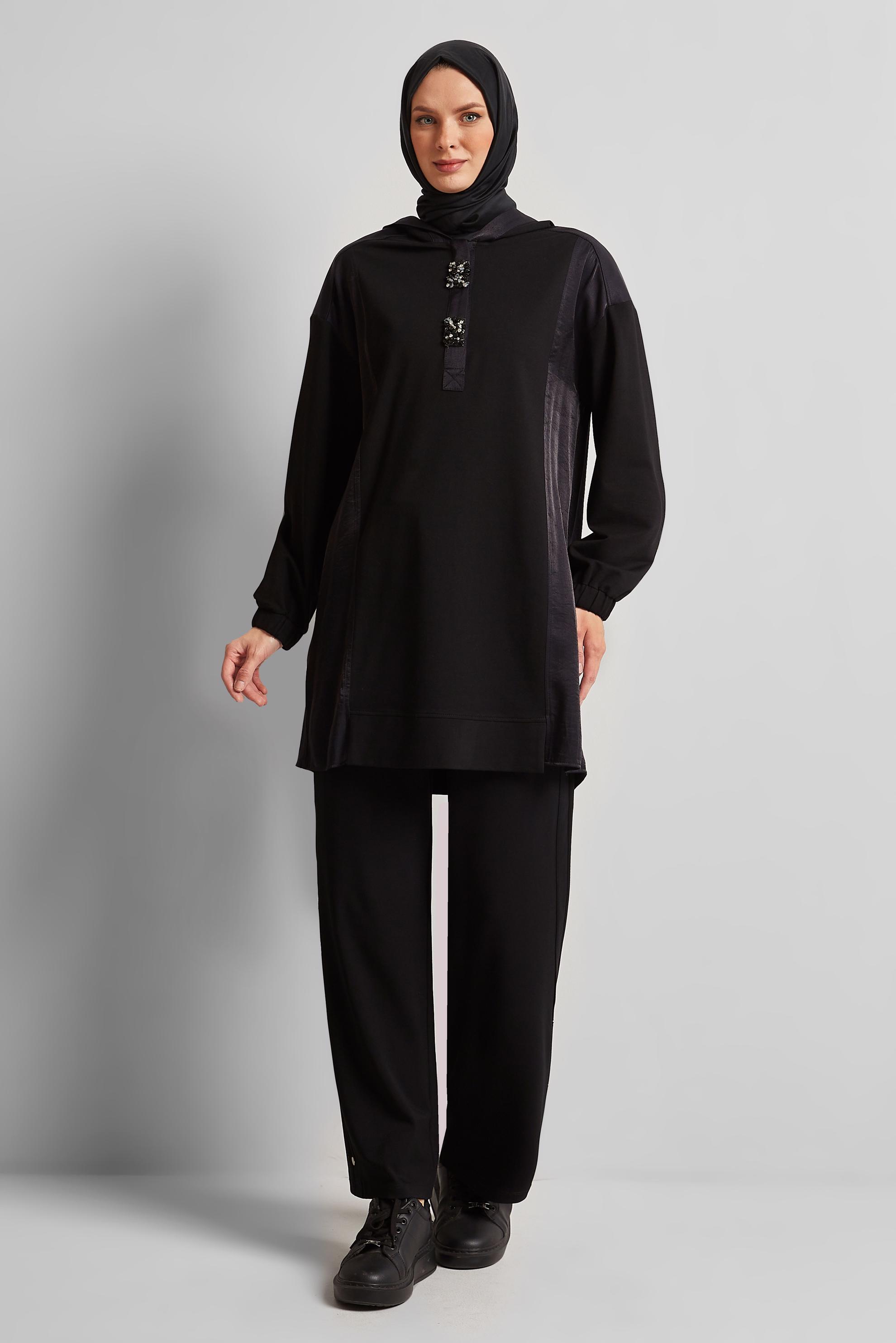 Tesettür giyim SİYAH KAPÜŞONLU EŞOFMAN TUNİK 45542