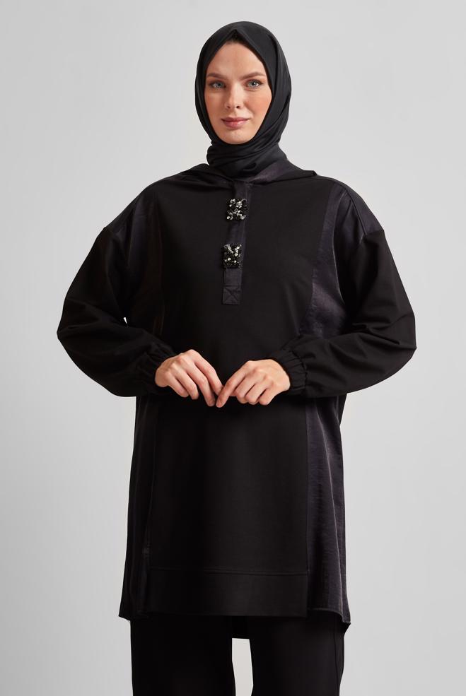 Hijab-Kleidung SCHWARZ KAPUZEN-TRAININGSANZUG-TUNIKA 45542 - ALVİNA