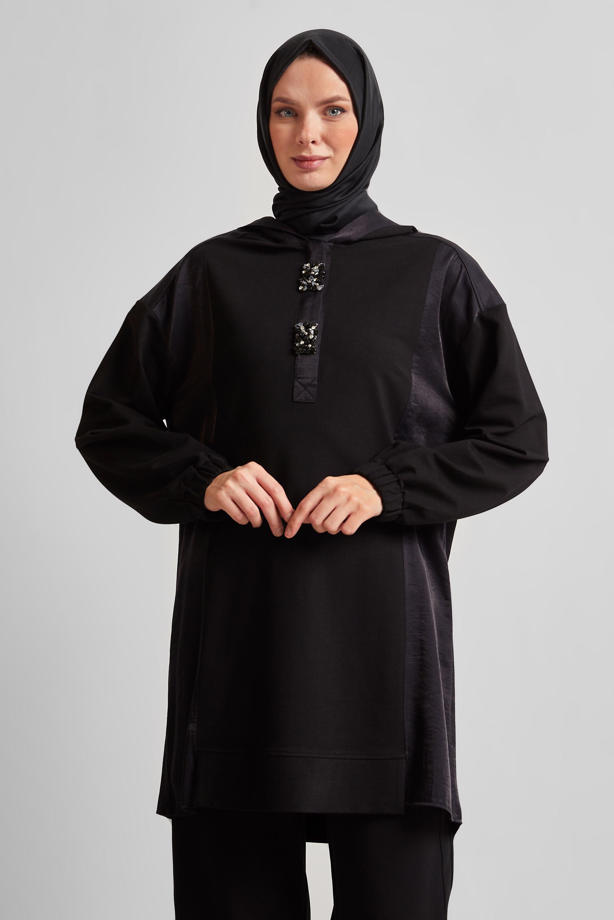 Tesettür giyim SİYAH KAPÜŞONLU EŞOFMAN TUNİK 45542