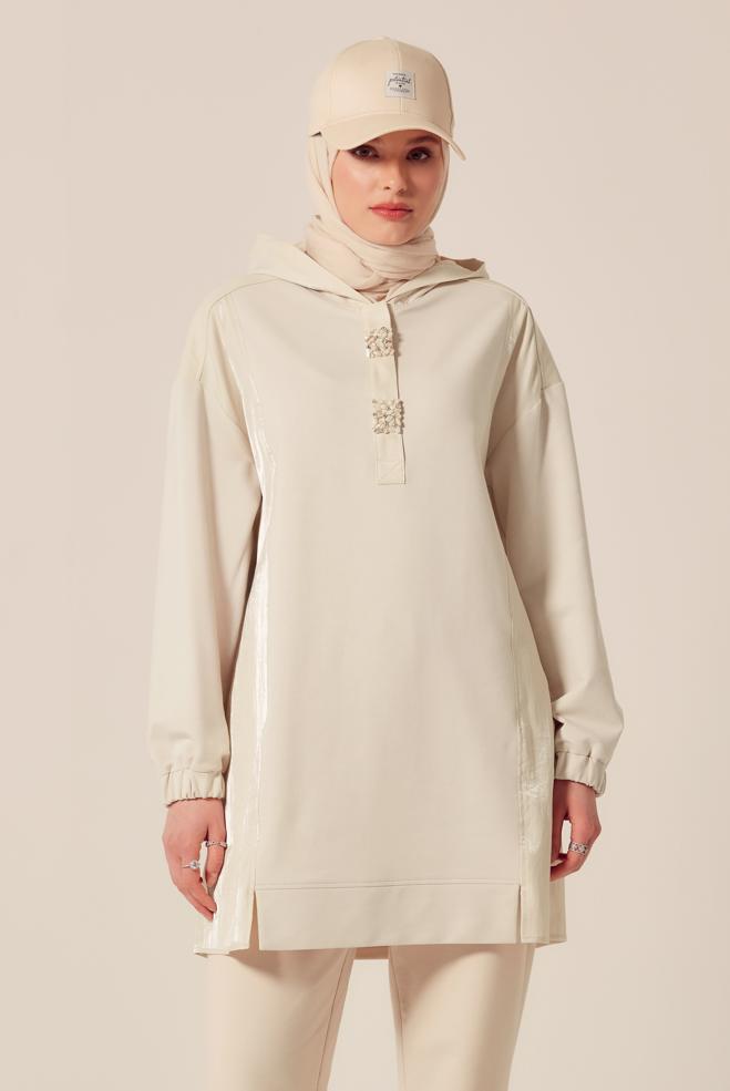 Hijab-Kleidung BEIGE KAPUZEN-TRAININGSANZUG-TUNIKA 45542 - ALVİNA