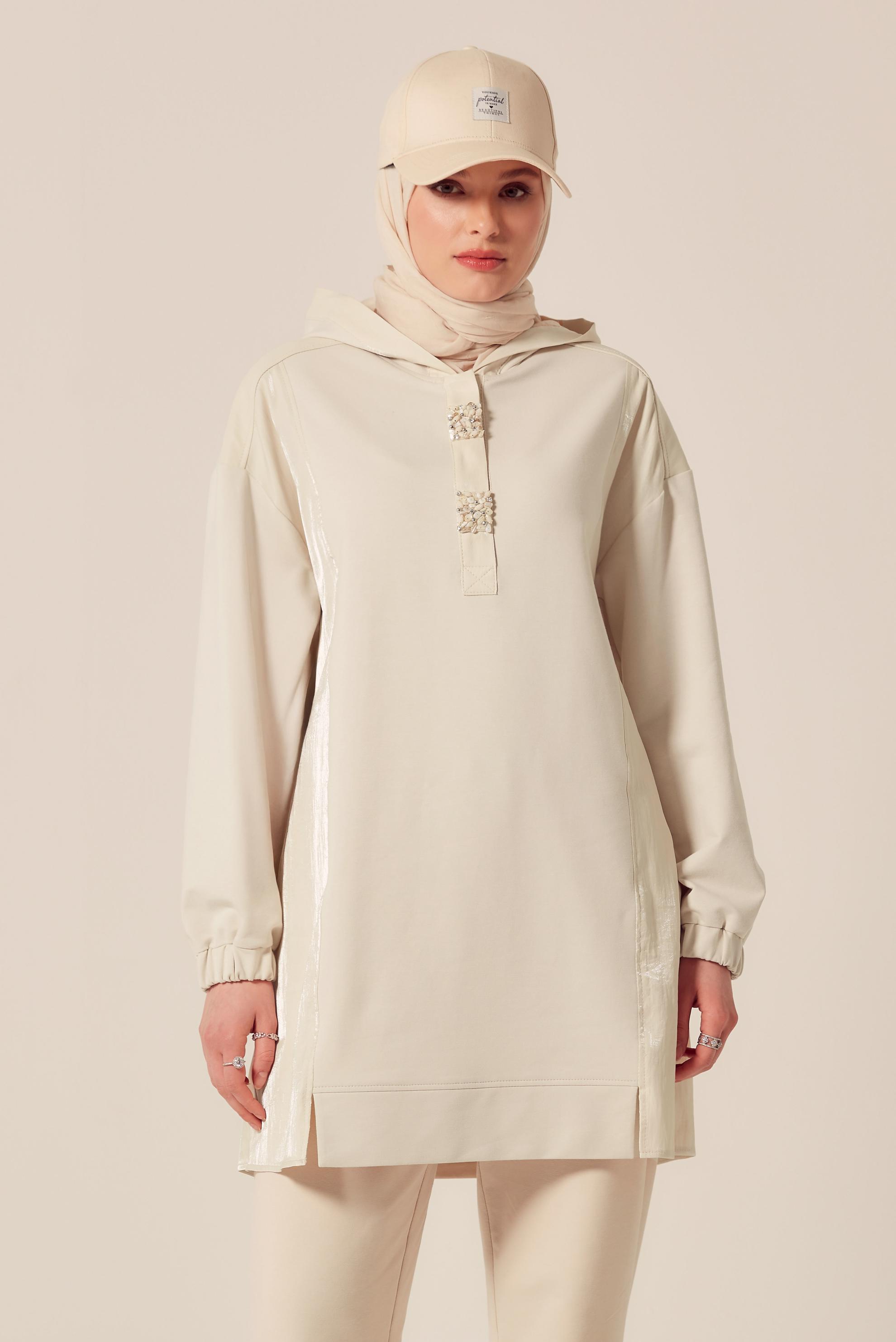 Tesettür giyim BEJ KAPÜŞONLU EŞOFMAN TUNİK 45542