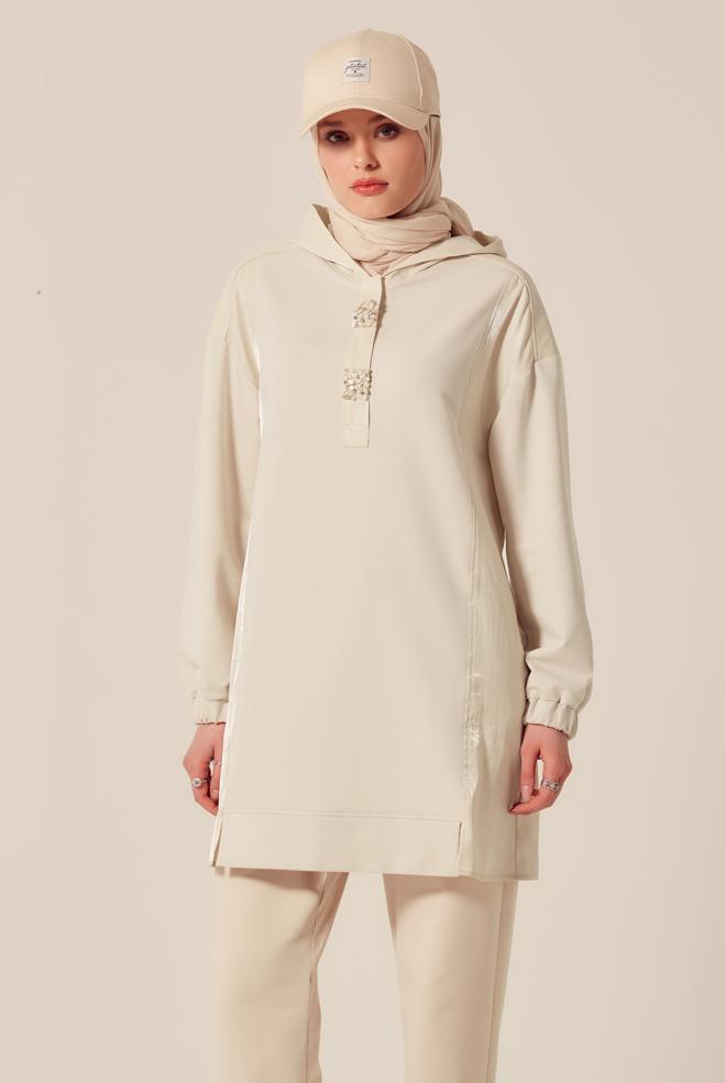 Hijab-Kleidung BEIGE KAPUZEN-TRAININGSANZUG-TUNIKA 45542 - ALVİNA