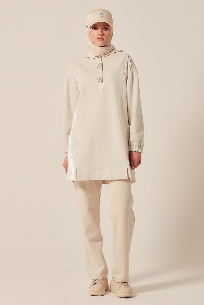 Hijab-Kleidung BEIGE KAPUZEN-TRAININGSANZUG-TUNIKA 45542 - ALVİNA