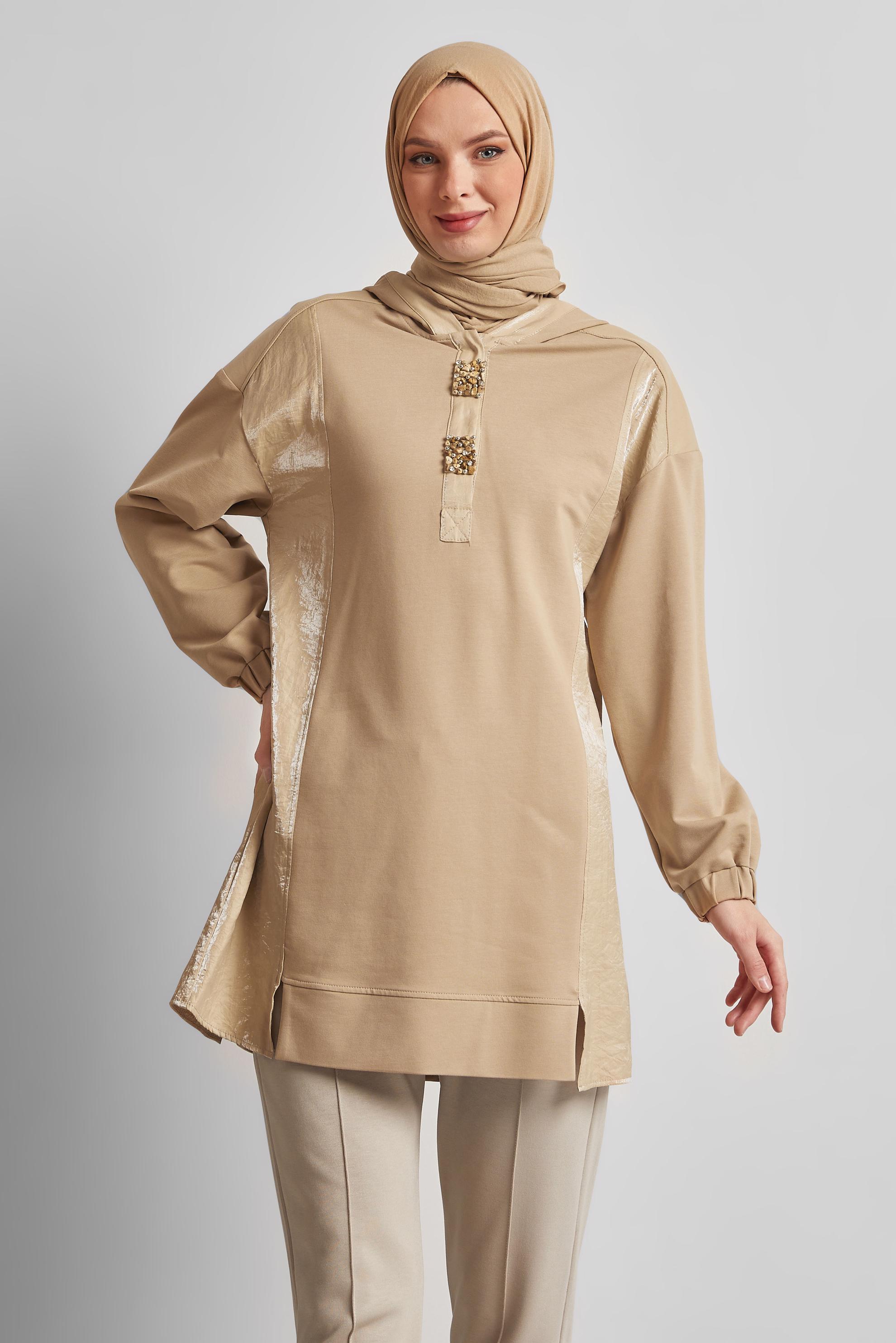 Tesettür giyim KUM KAPÜŞONLU EŞOFMAN TUNİK 45542