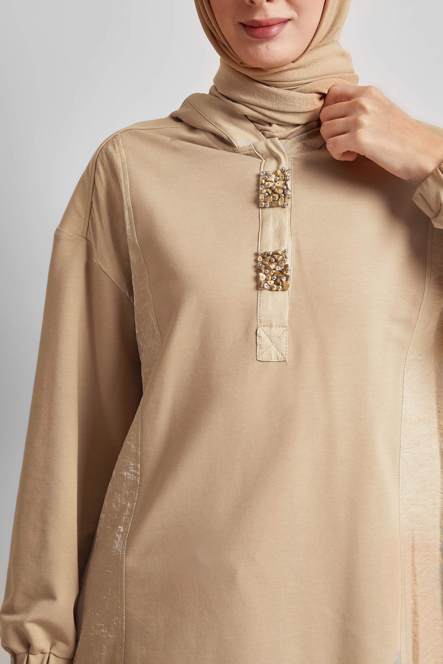 Tesettür giyim KUM KAPÜŞONLU EŞOFMAN TUNİK 45542