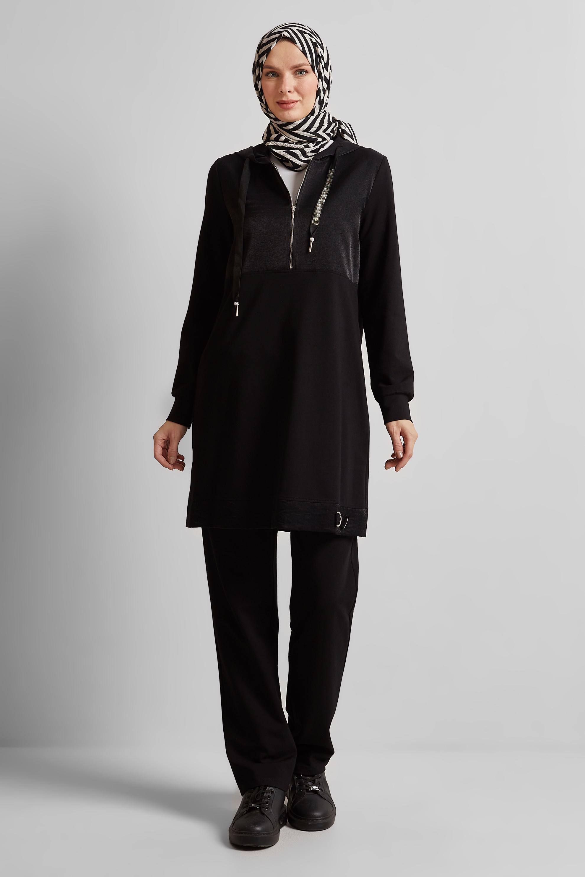 Tesettür giyim SİYAH KAPÜŞONLU PANTOLONLU TAKIM 45543