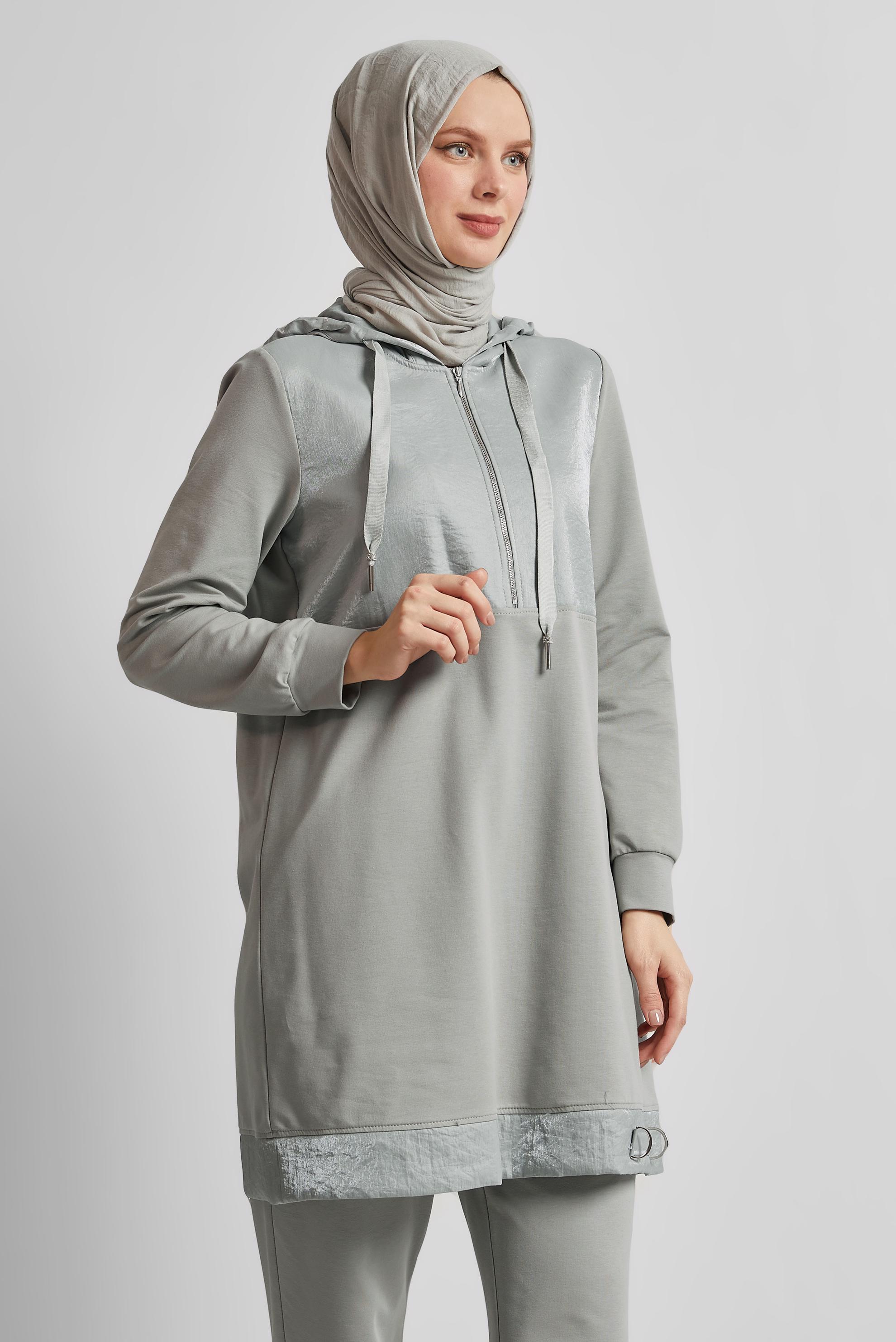 Tesettür giyim GÜMÜŞ KAPÜŞONLU PANTOLONLU TAKIM 45543