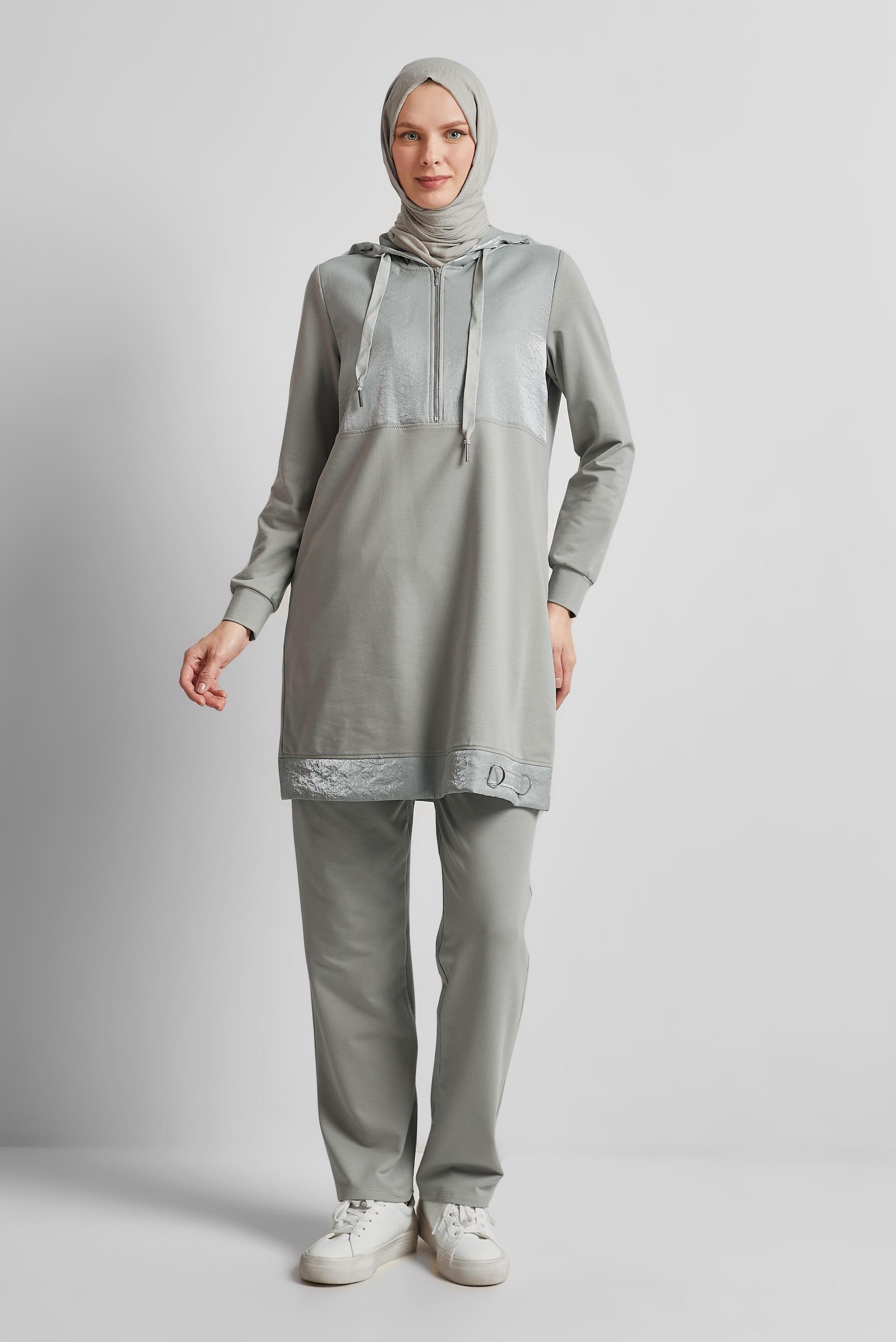 Tesettür giyim GÜMÜŞ KAPÜŞONLU PANTOLONLU TAKIM 45543
