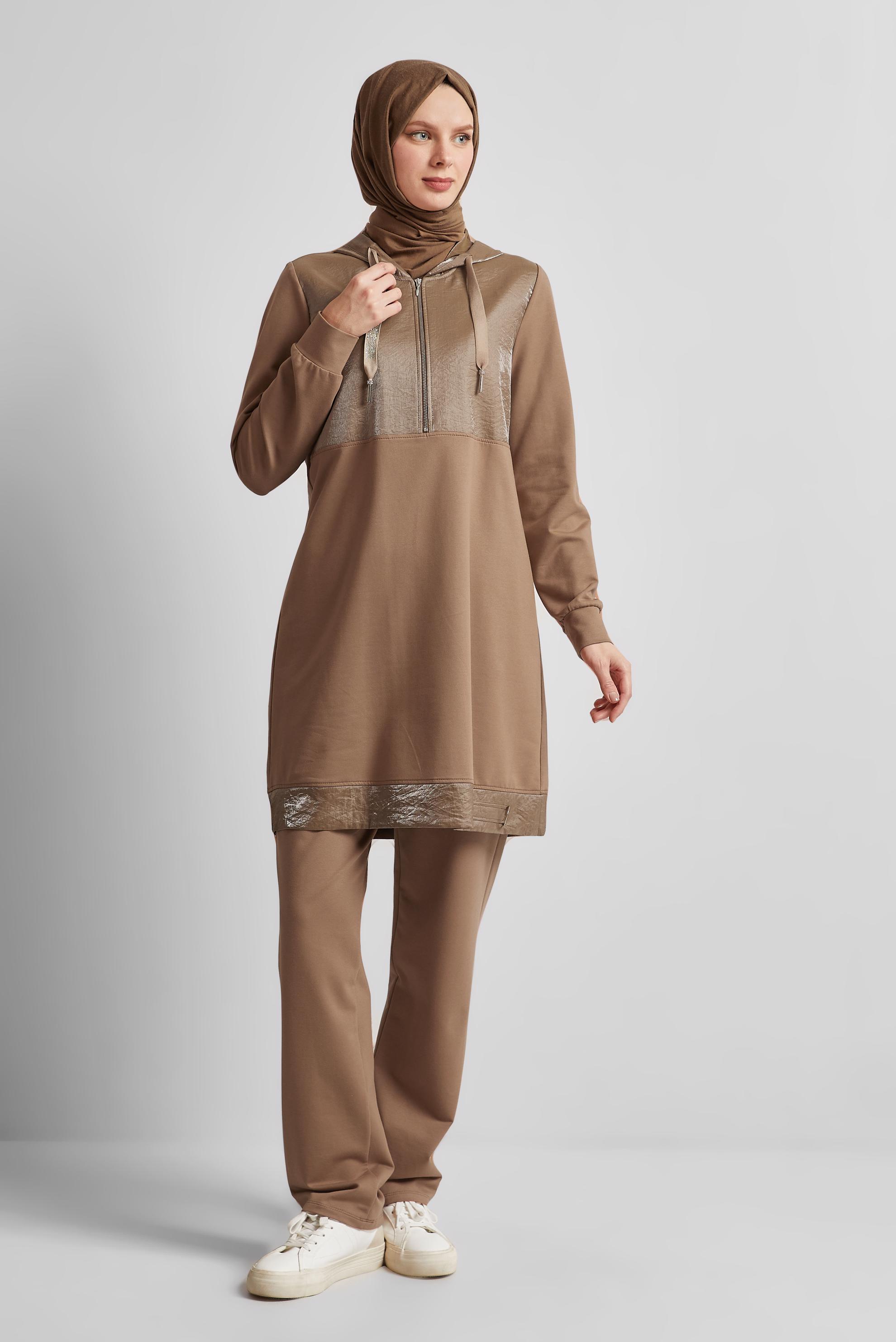 Tesettür giyim KAHVE KAPÜŞONLU PANTOLONLU TAKIM 45543