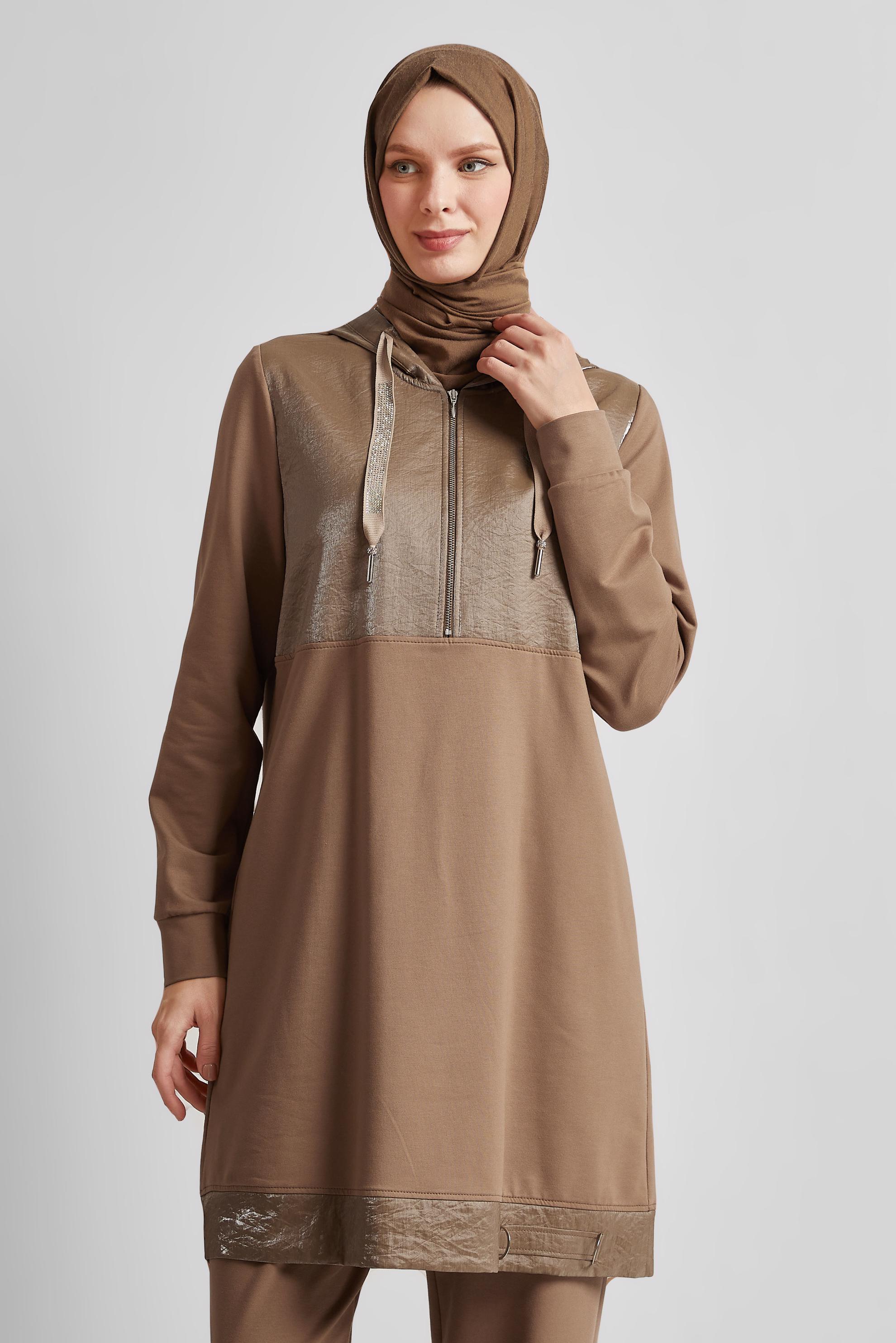 Tesettür giyim KAHVE KAPÜŞONLU PANTOLONLU TAKIM 45543