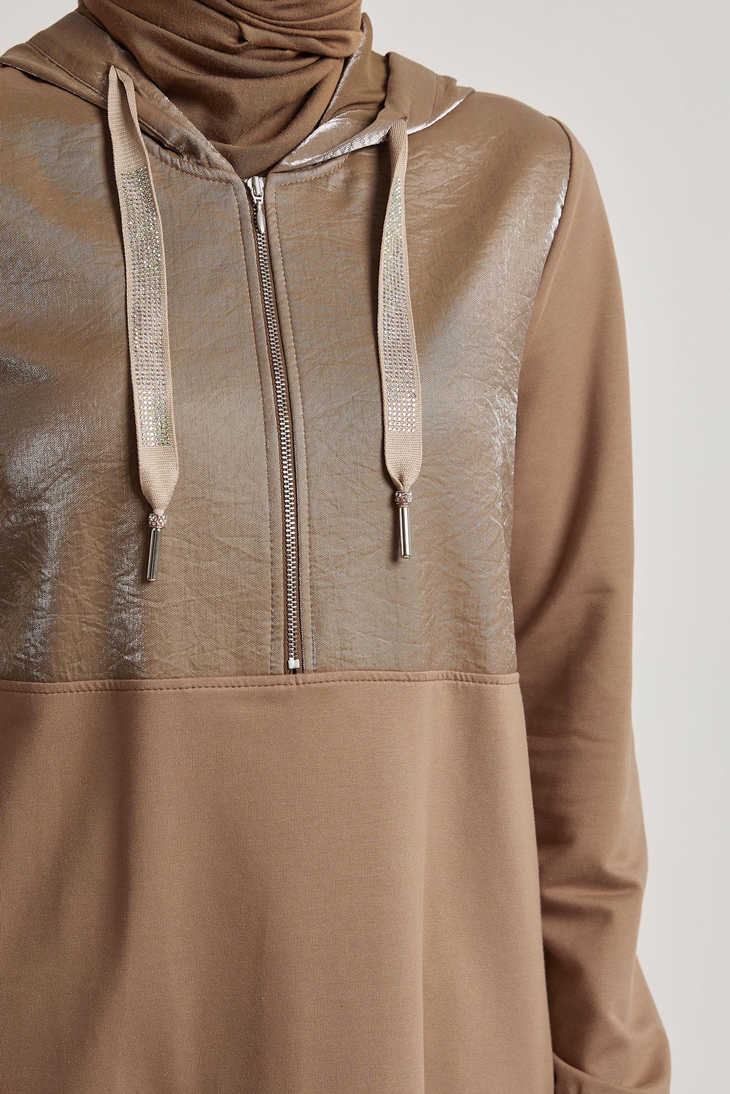 Tesettür giyim KAHVE KAPÜŞONLU PANTOLONLU TAKIM 45543