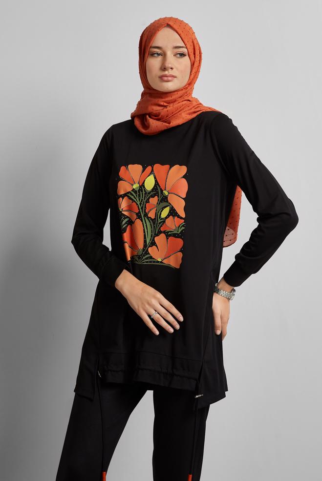 Hijab clothing BLACK PRINTED TRACKSUIT TUNIC 45548 - ALVİNA