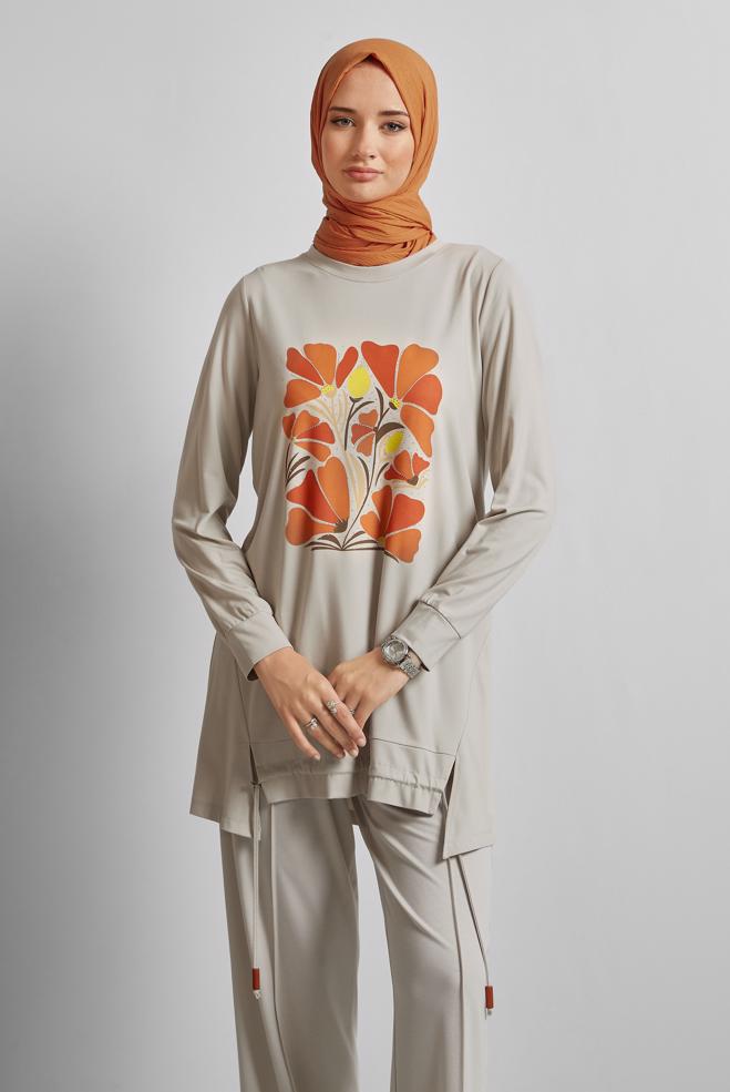 Hijab clothing BEIGE PRINTED TRACKSUIT TUNIC 45548 - ALVİNA