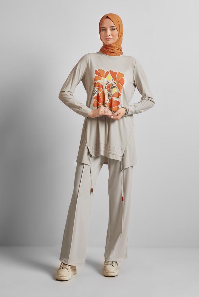 Hijab clothing BEIGE PRINTED TRACKSUIT TUNIC 45548 - ALVİNA